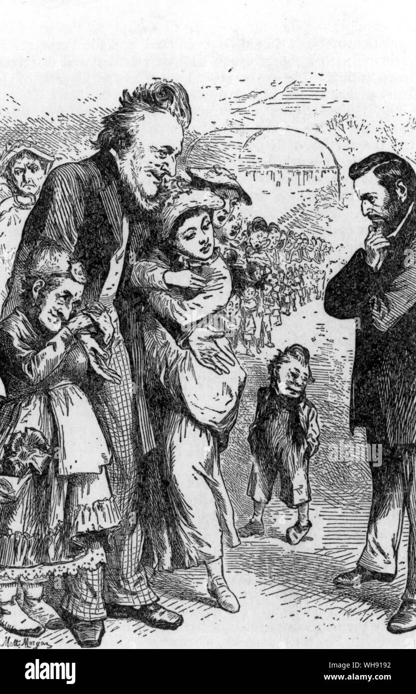 This contemporary cartoon shows Young with his wives and offspring confronting Ulysses S Grant. The Mormons did not abolish polygamy until 1890.. Stock Photo