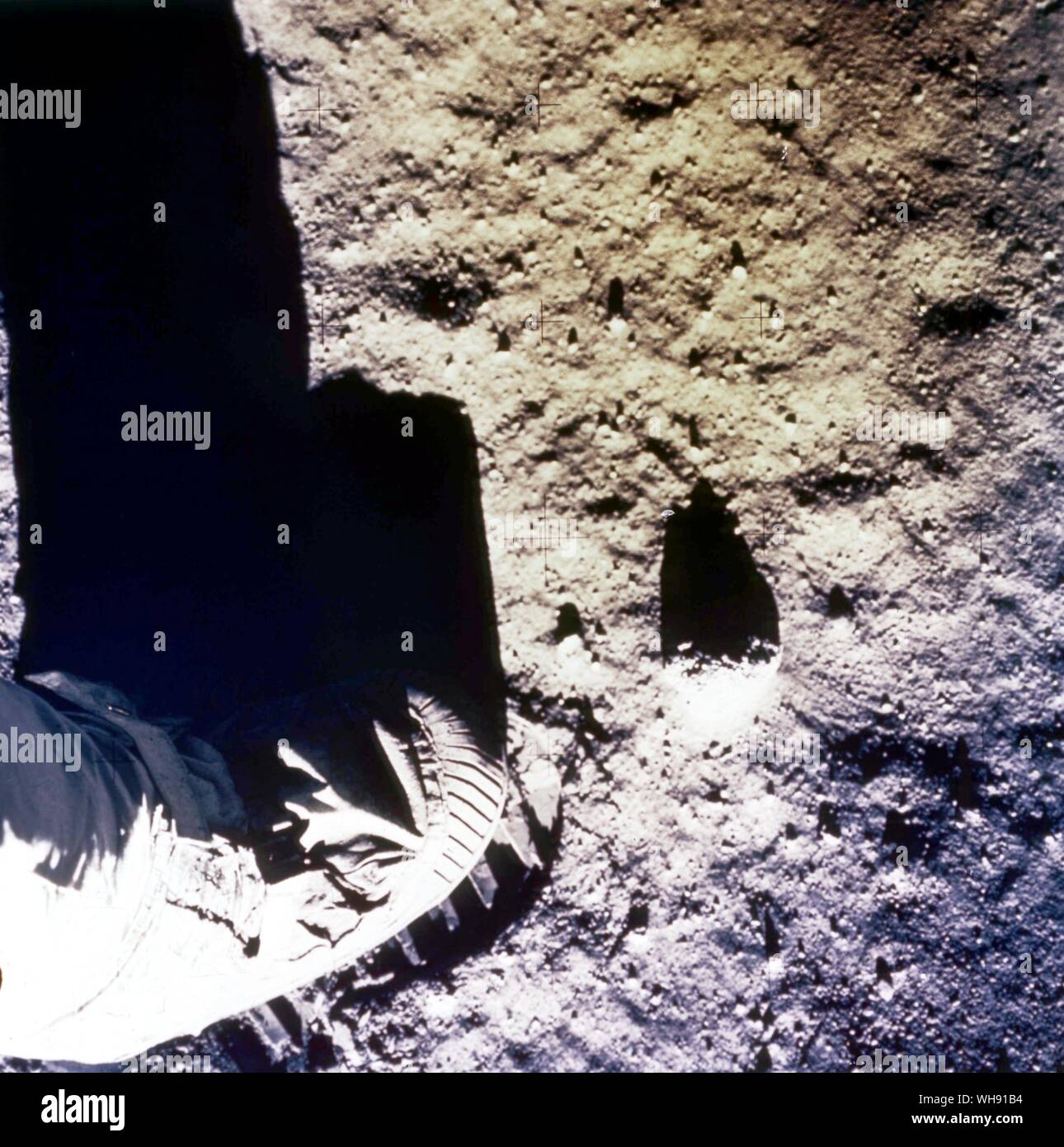 Space - Astronaut's foot on the Moon. Apollo 11 Mission. Stock Photo