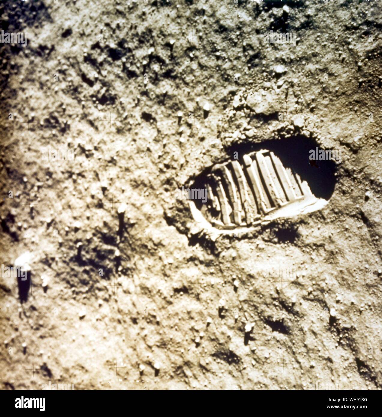 Space - Astronaut footprint on lunar surface, 1969. Apollo 11 mission. Stock Photo