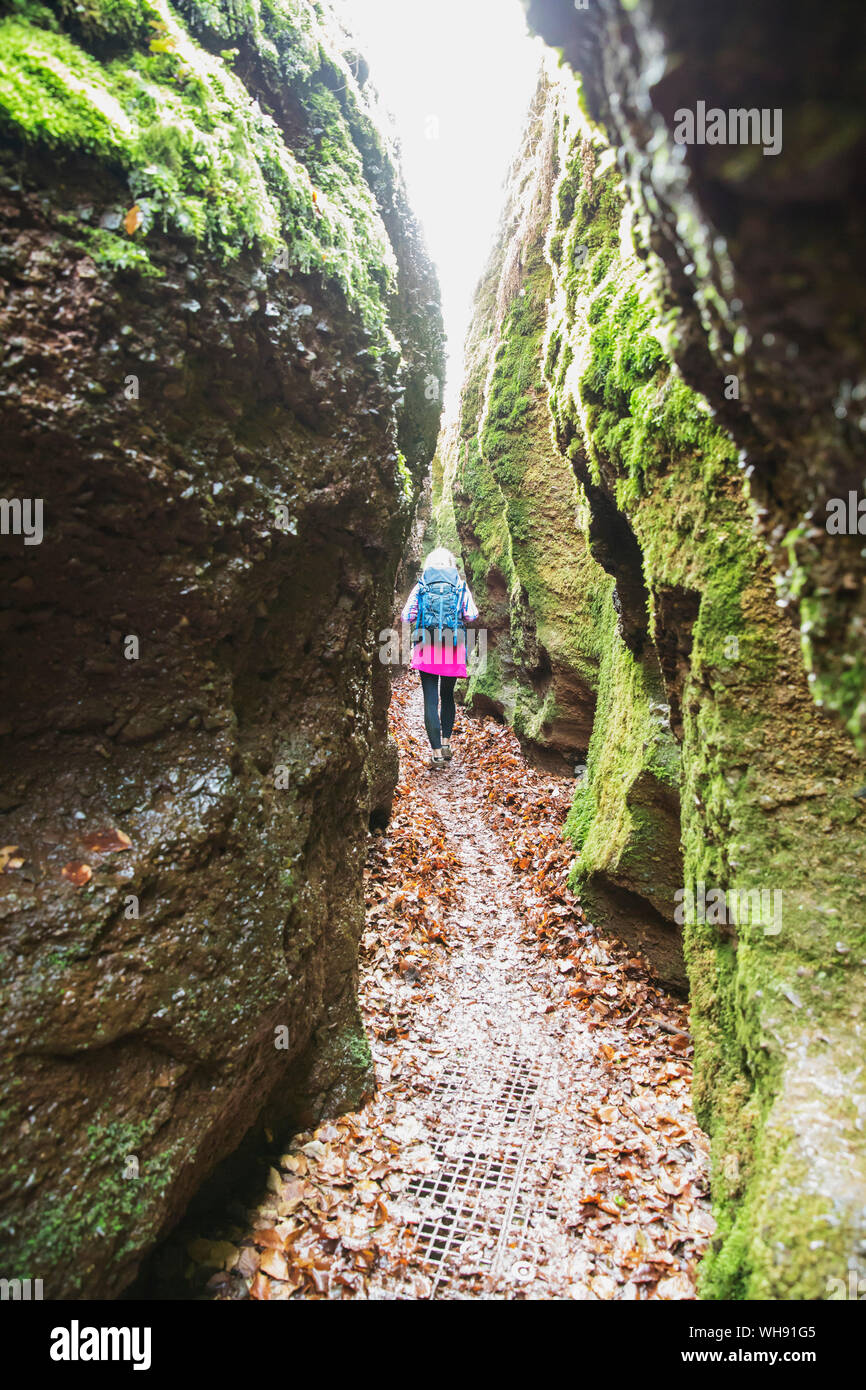 Hiker on trail through narrow gorge, Drachenschlucht, Thuringian Forest, Eisenach, Germany Stock Photo