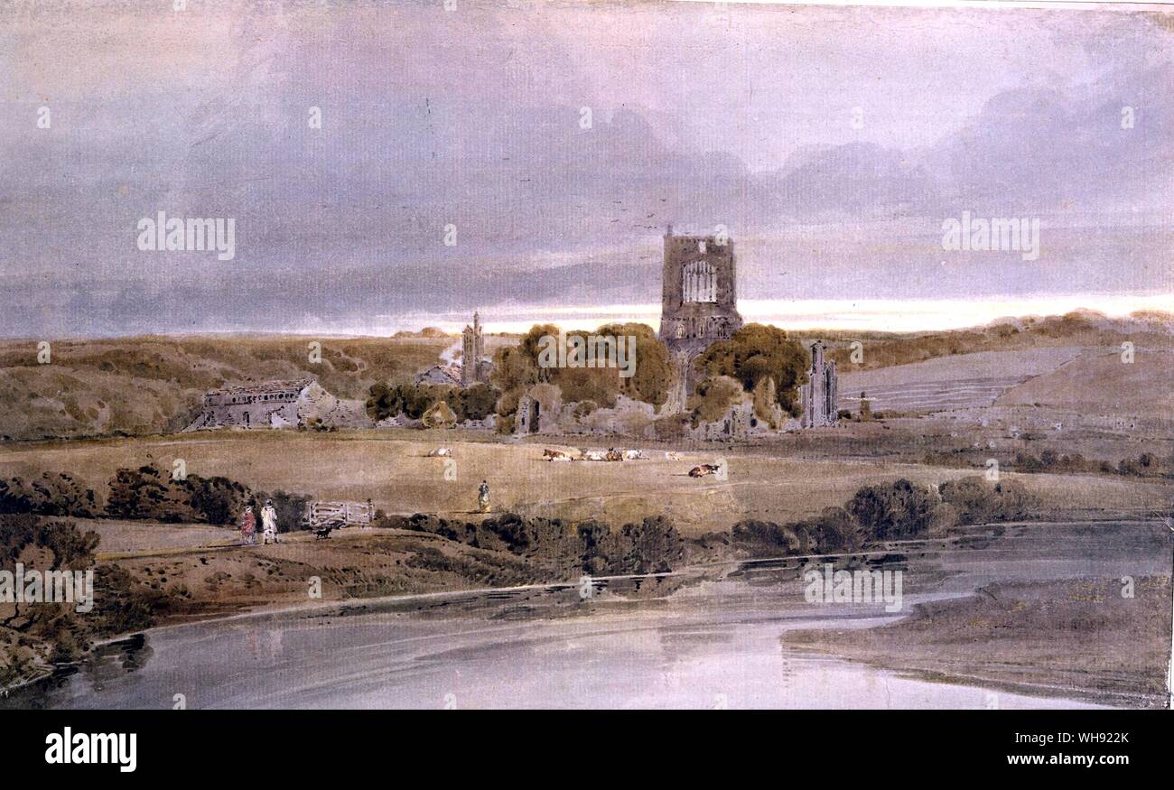 Kirkstall Abbey Yorkshire - 1801. by Thomas Girtin. V & A. As young men, the friends J.M.W. Turner and Thomas Girtin were employed by Dr Thomas Monro, the physician who tended Cozens after he lost his sanity, to copy drawings by Cozens and other artists. One of Girtin's most spectacular conceptions is Kirkstall Abbey, Yorkshire - Evening, a watercolour of around 1801, based upon sketches of the ruined Cistercian abbey of Kirkstall, near Leeds. Its dramatic lighting, solemn palette and panoramic scale recall earlier Dutch landscapes, while the motif of a church tower at sunset had become a Stock Photo