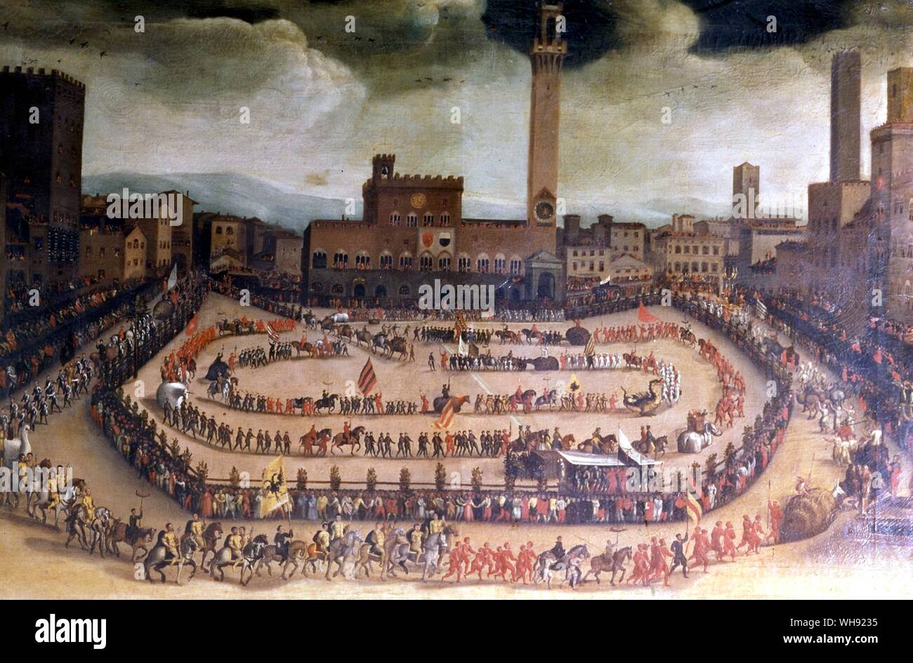 The Procession before the Palio - 1546. by Lorenzo Fratellini. Copy from the original by anon. artist. Azienda Auto-noma di Turismo Siena. Palio is the name given in Italy to an annual athletic contest, very often of a historical character, pitting the neighbourhoods of a town or the hamlets of a comune against each other. Typically they are fought in costume and commemorate some event or tradition of the Middle Ages, and thus often involve horse racing, archery, jousting, crossbow shooting, and similar medieval sports. Once purely a matter of local rivalries, many have now become events Stock Photo