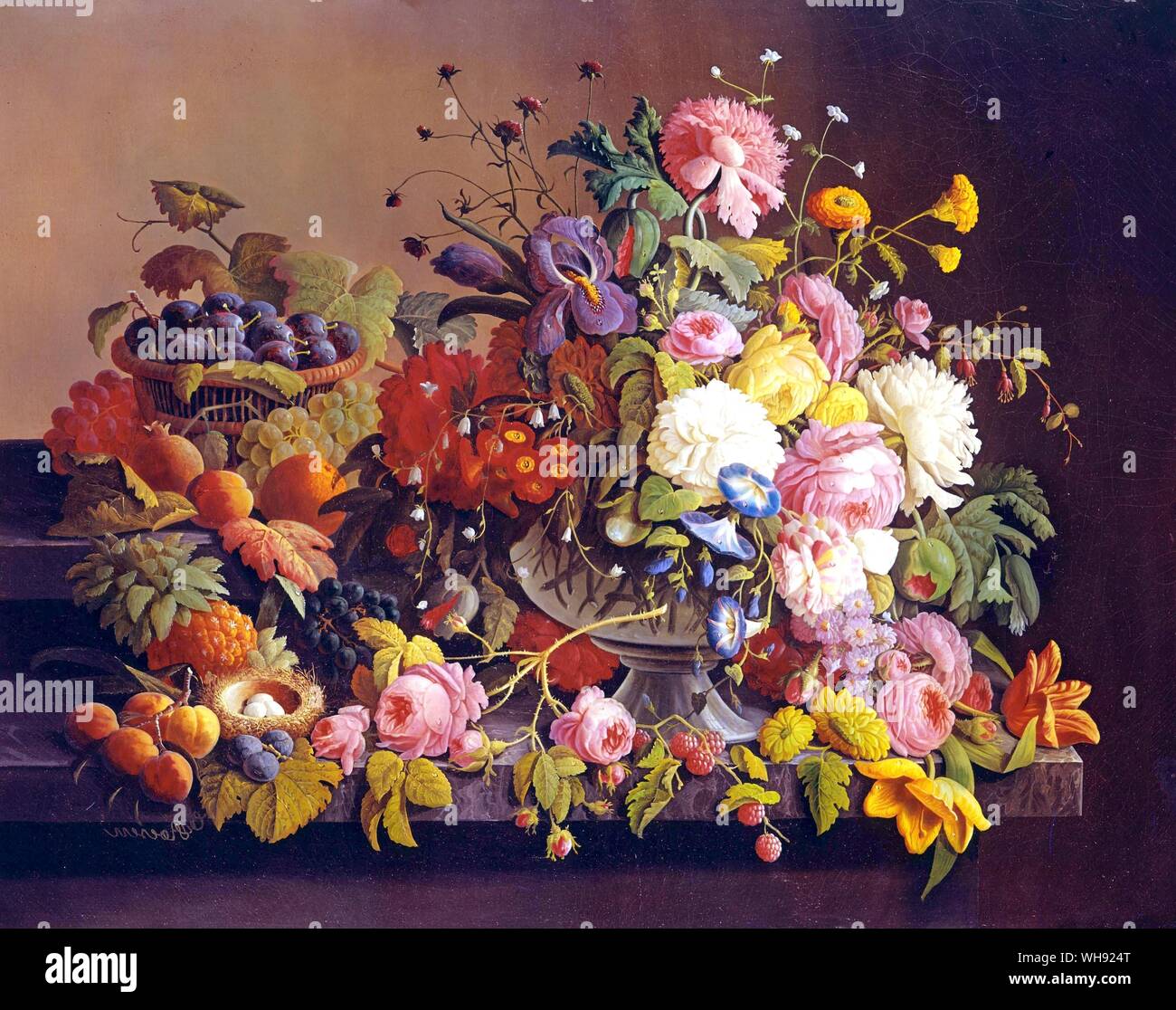 Still Life of Flowers and Fruit. by Severin Roesen. Severin Roesen (ca. 1815-1872) is a painter known for his still lifes of flowers and fruit. Born in Germany, he ilived in the United States from 1848.. . . Stock Photo