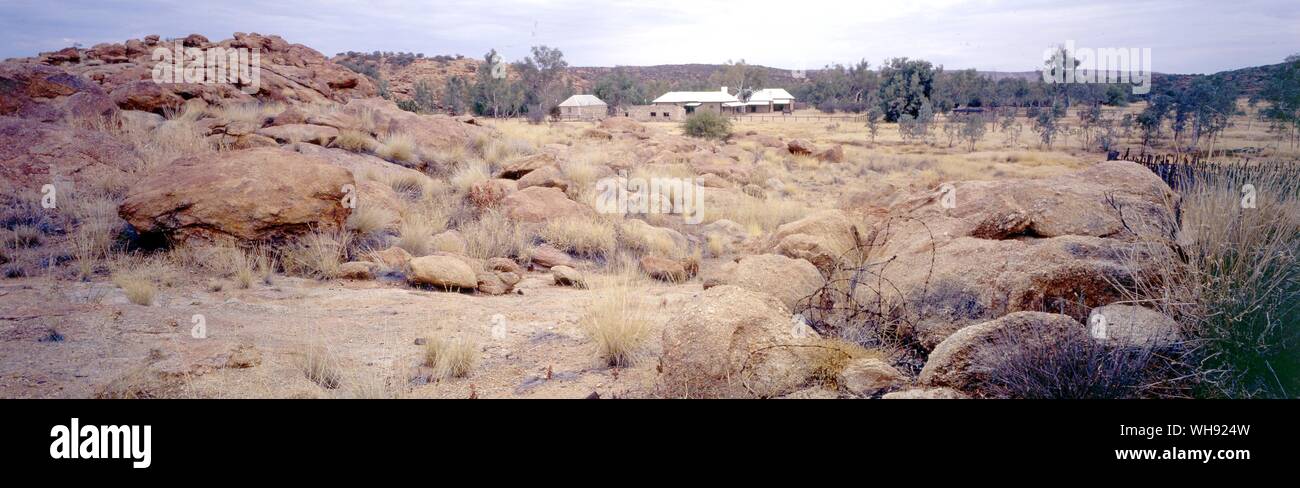 By 1872 a telegraph line ran north to south across Ausatrlia. This telegraph station part fortress, part home was the begining of Alice Spings Stock Photo