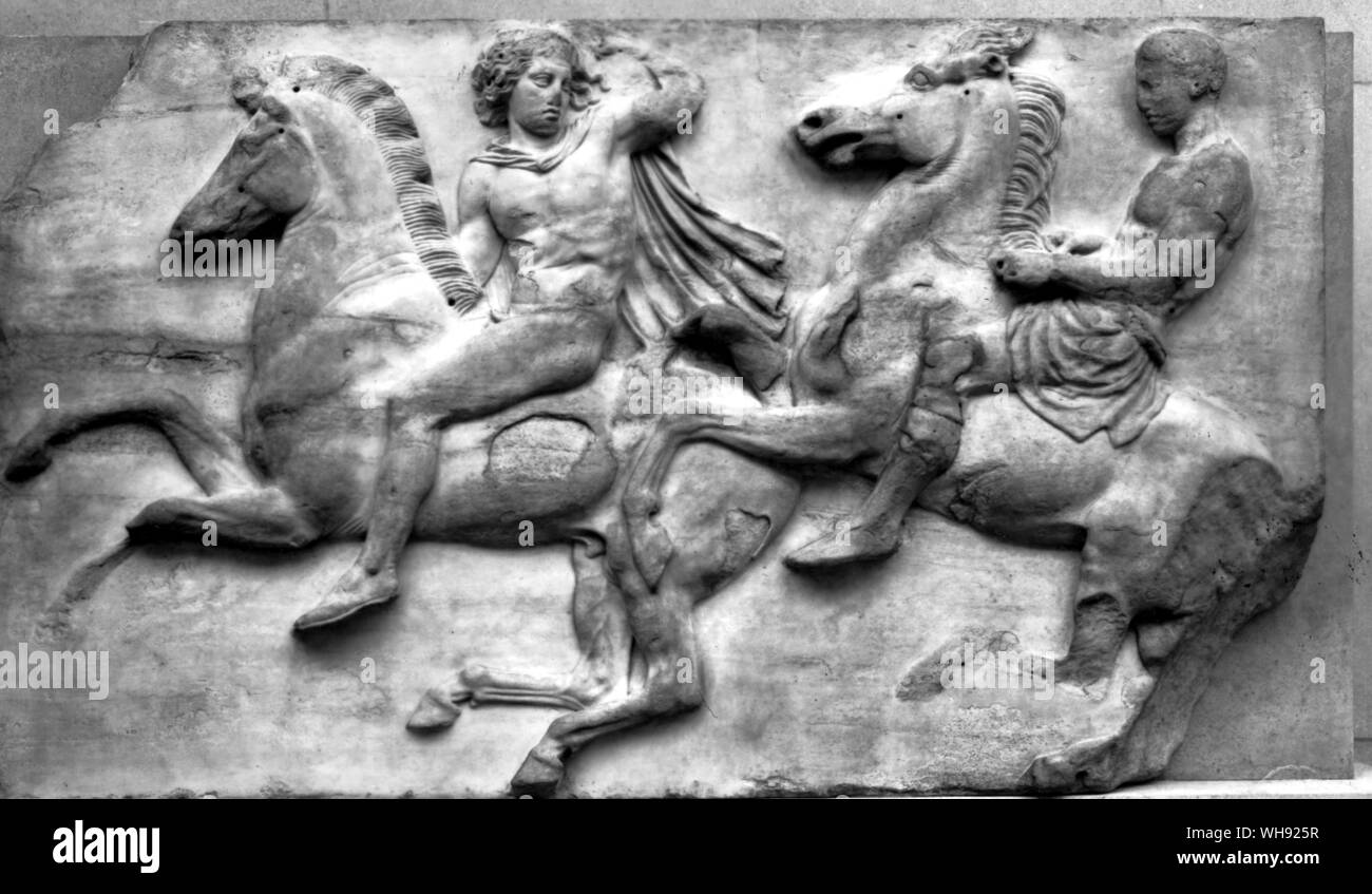Greek, Horsemen from the Parthenon Frieze, Demeter, c.330 BC . Marble, height is 58 inches (148 cm) Stock Photo