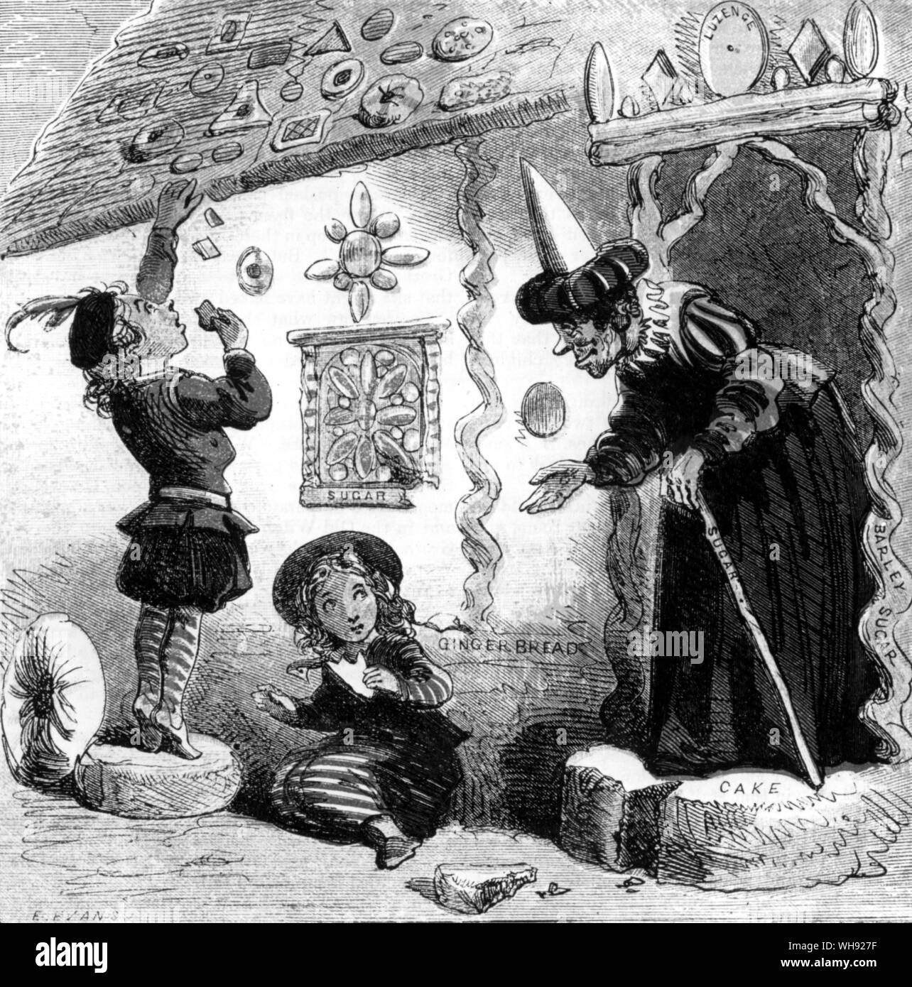 Hansel and Gretel caught sampling the gingerbread house. Wood-engraving by Edmund Evans, after the design by 'Phiz' (Hablot K Browne) from Grimm's Goblins, 1861.. Stock Photo