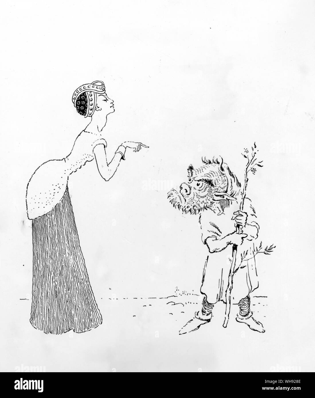 Rumpelstiltskin. The queen tells Rumpelstiltskin his name. Illustration by Mervyn Peake, 1946