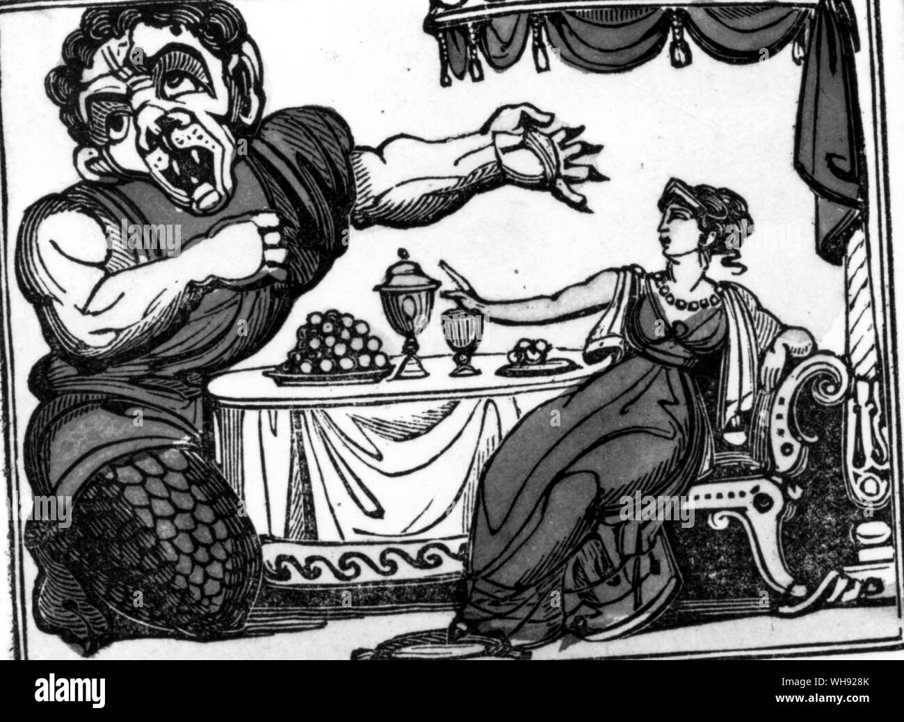 Beauty and the Beast. Woodcut from Popular Tales of the Olden Time, c.1840. The Beast entreating Beauty to become his wife. Stock Photo