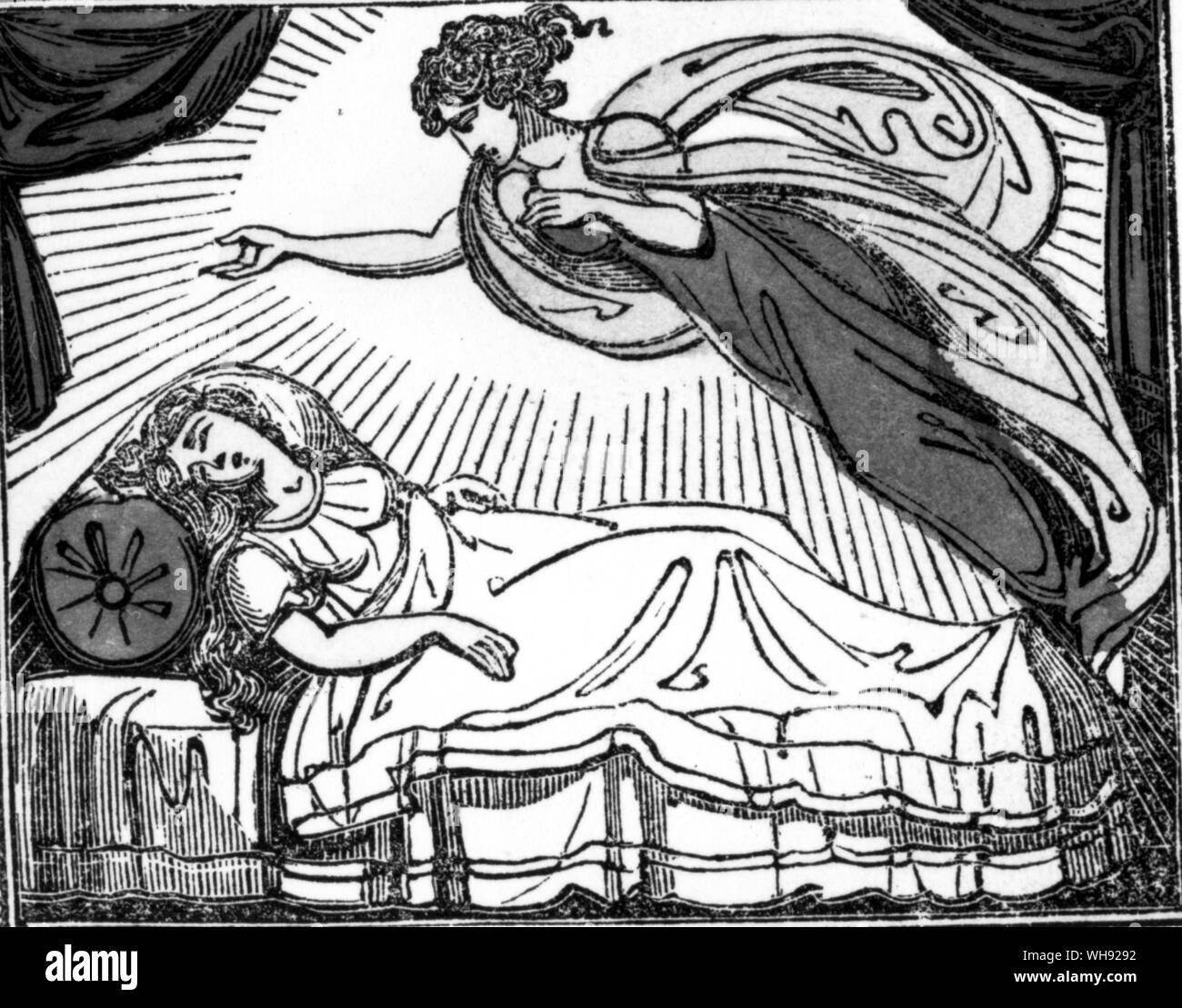 Beauty and the Beast. Woodcut from Popular Tales of the Olden Time, c.1840., showing Beauty being reassured in a dream.. Stock Photo