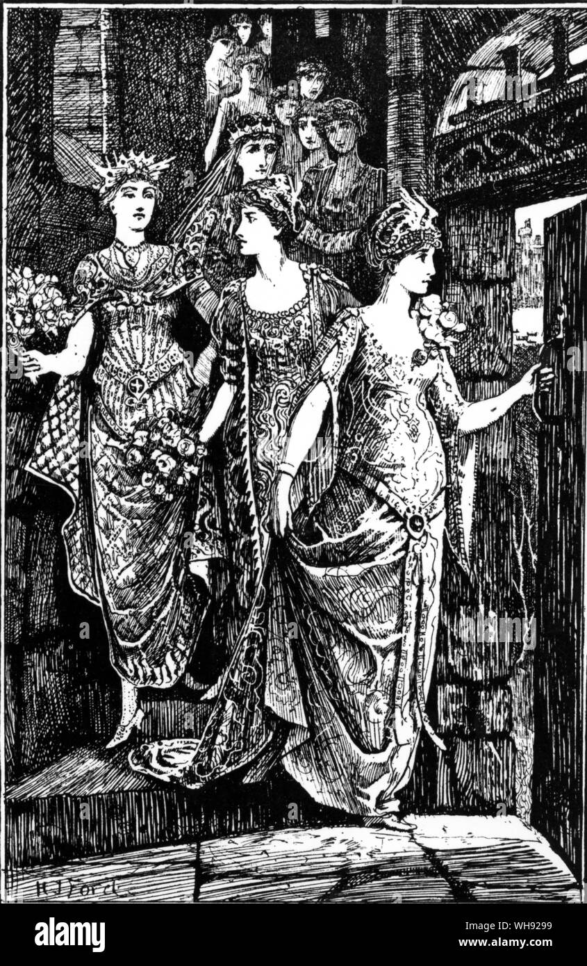 The Dancing Twelve Princesses. The princesses leaving their room by the secret staircase. Illustration by H J Ford from Andrew Lang's The Red Fairy Book, 1890. Stock Photo