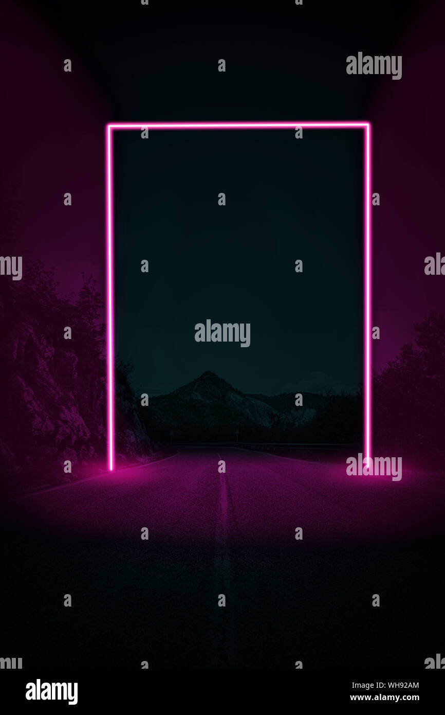 A violet neon frame as an imaginary portal Stock Photo
