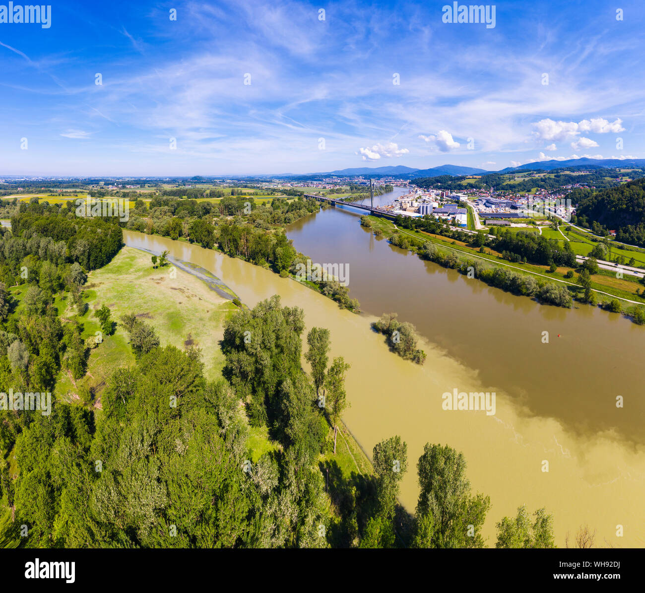 Isar estuary into Danube river near Deggenau, Lower Bavaria, Germany Stock Photo