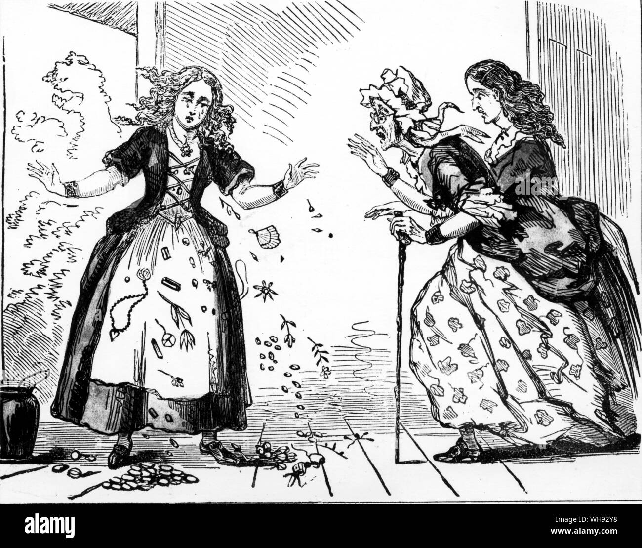 Diamonds and Toads. the embarrassment of having flowers and jewels drop from one's mouth. Illustration from a penny picture-book, c. 1865.. Stock Photo