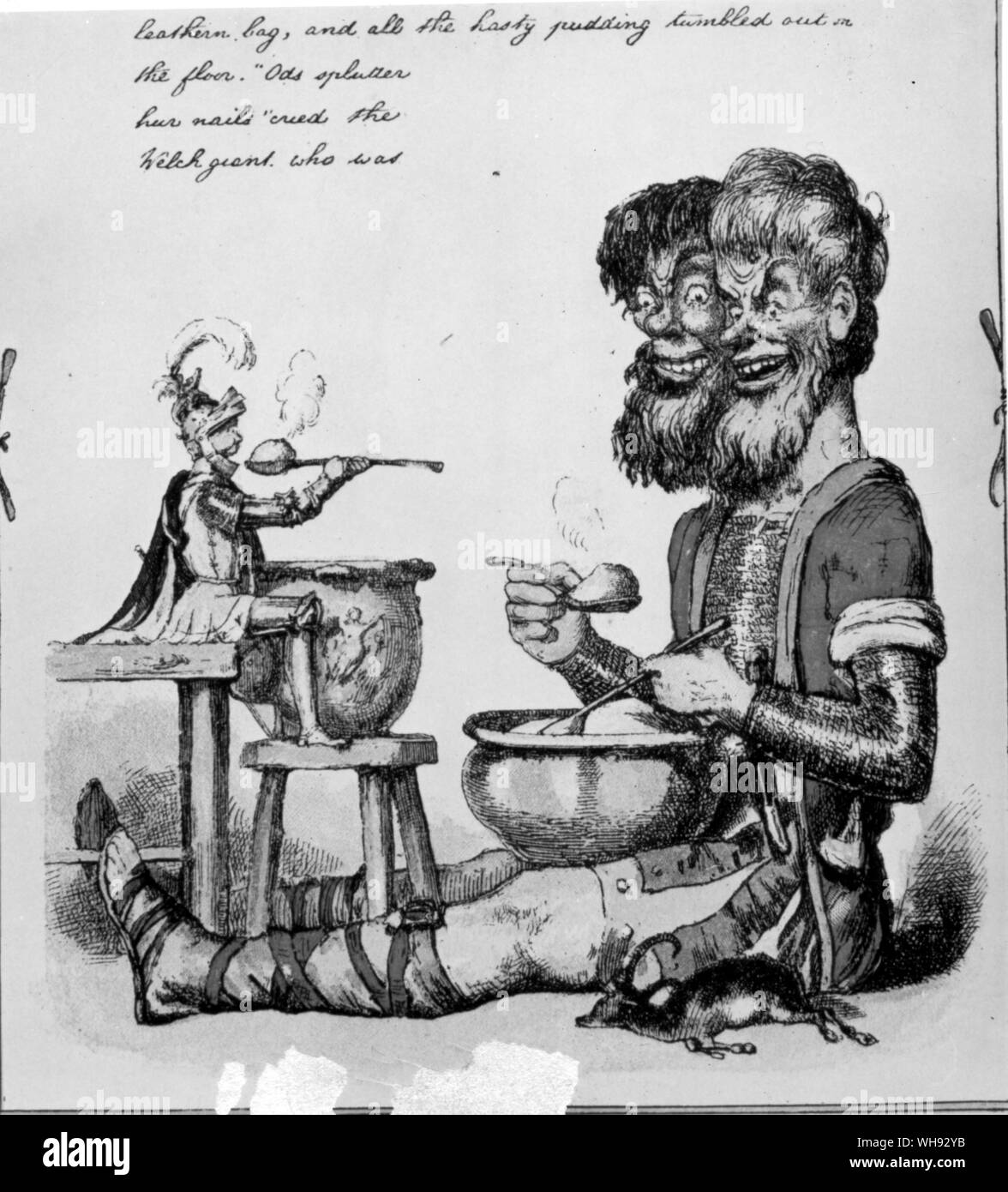 Jack and the Giant Killer. Jack astonishes the Welsh two-headed giant with the amount of hasty pudding he is able to consume. By Richard Doyle in 1842.. (colour in book) Stock Photo