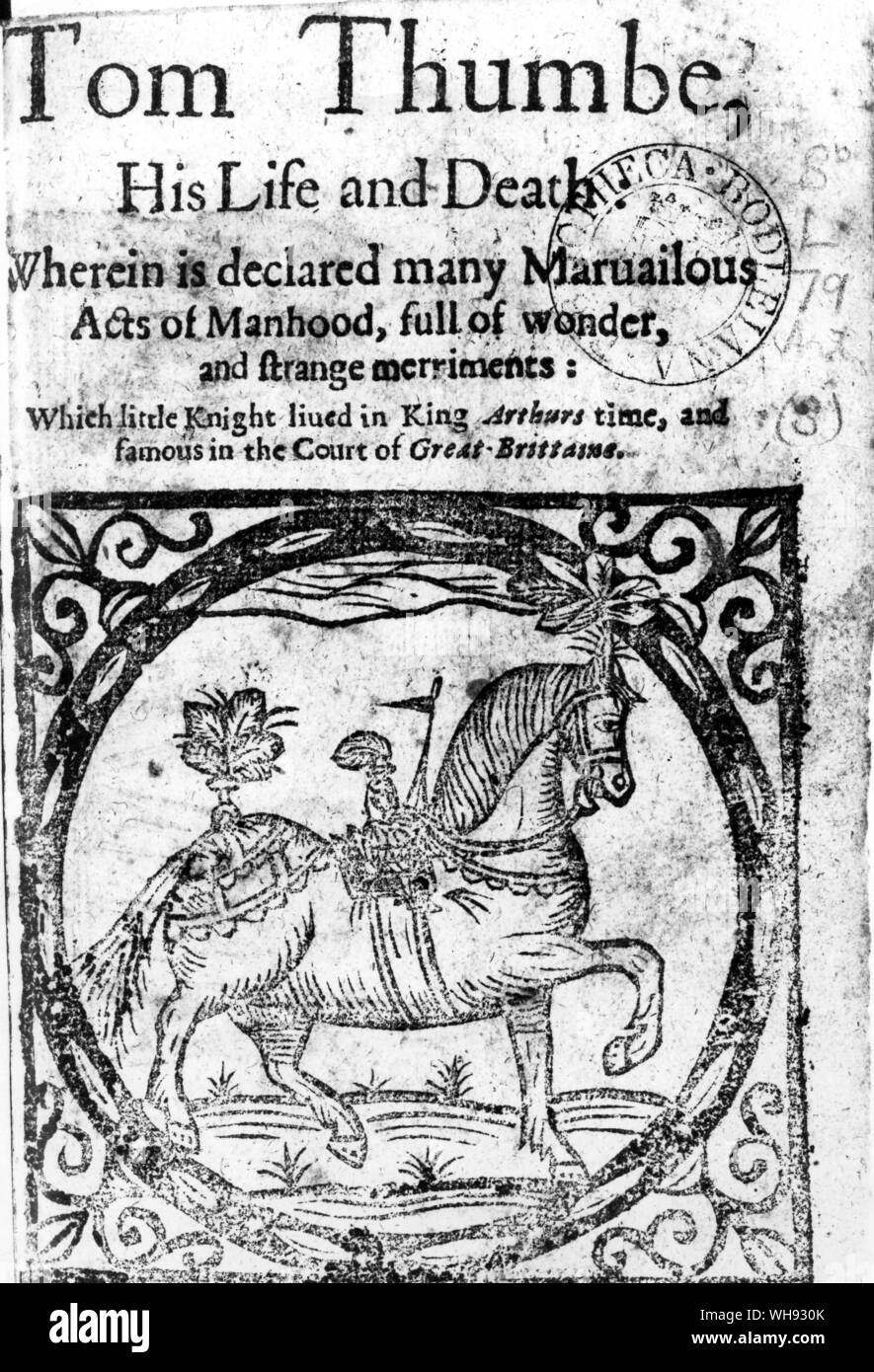 Title-page of Tom Thumbe, His Life and Death, 1630, showing Tom on King Arthur's horse. This metrical rendering of the tale considerably added to the story's popularity.. Stock Photo