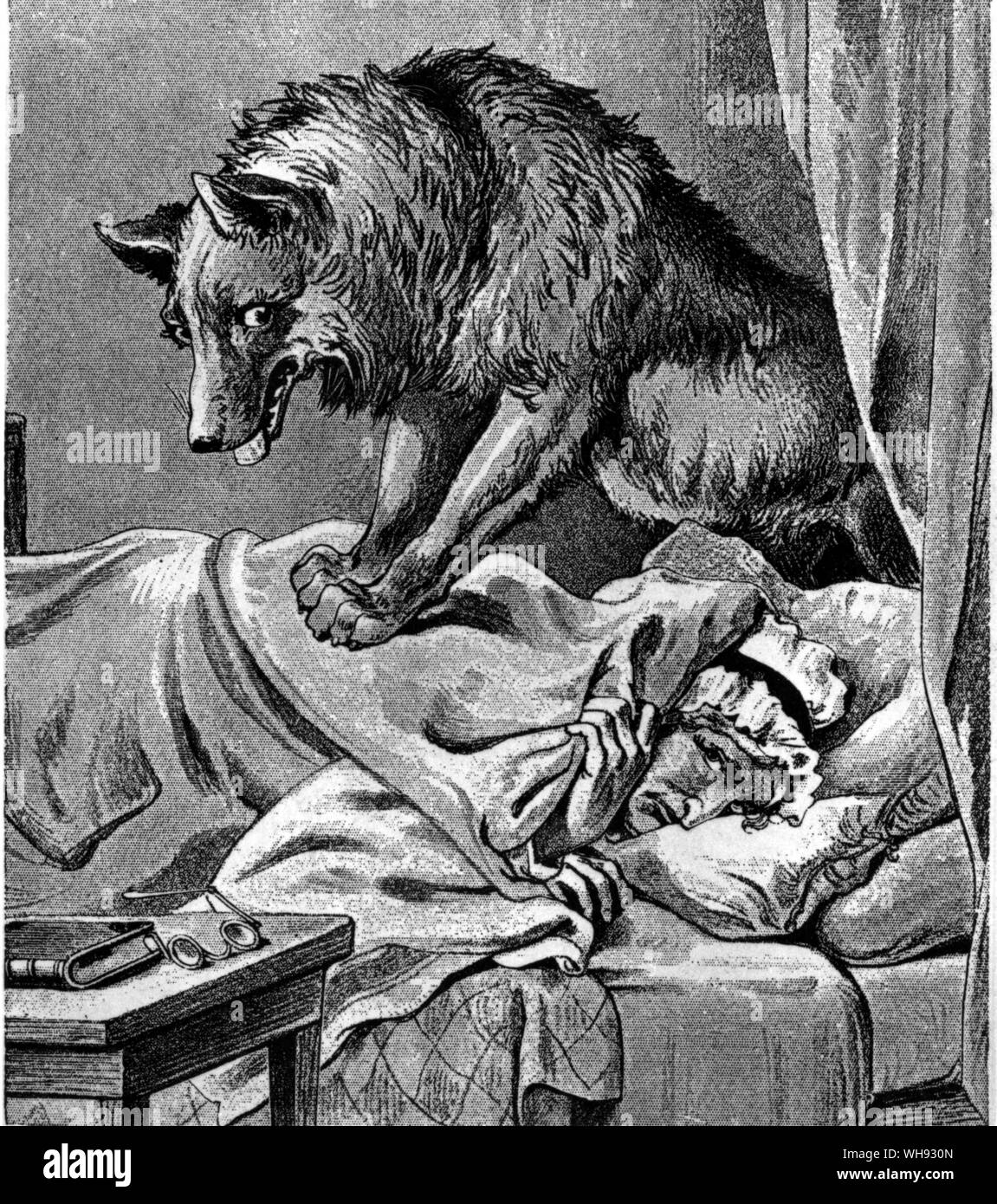 Little Red Riding Hood. the wolf about to have his first meal of the day. 'Favourite Stories for the Nursery', 1900 Stock Photo