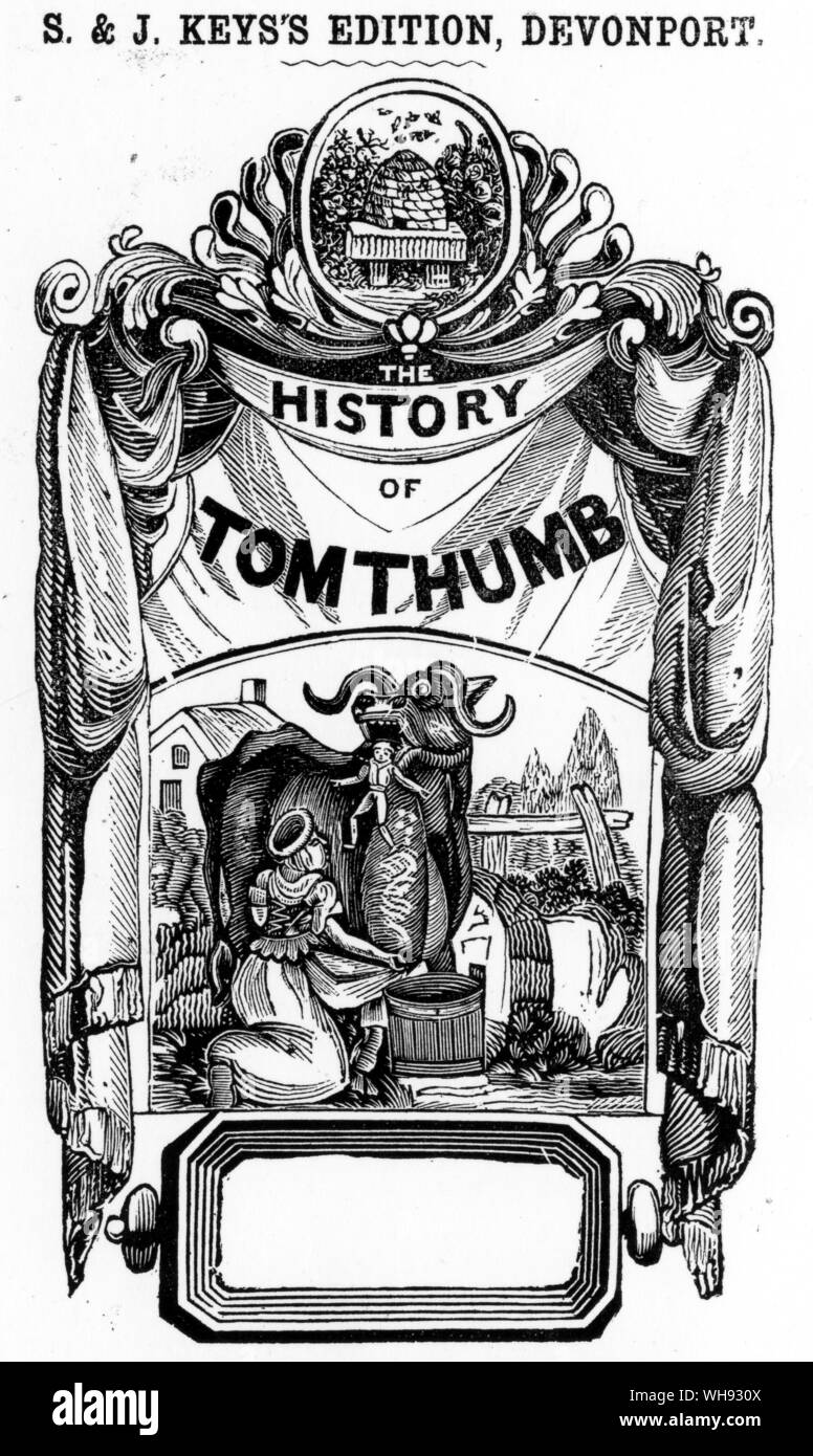 The cover of a penny history of Tom Thumb printed at Devonport, c. 1835. The woodcut shows Tom Thumb being dropped from the cow's mouth, his usual manner of liberation in revised versions of the tale. Stock Photo
