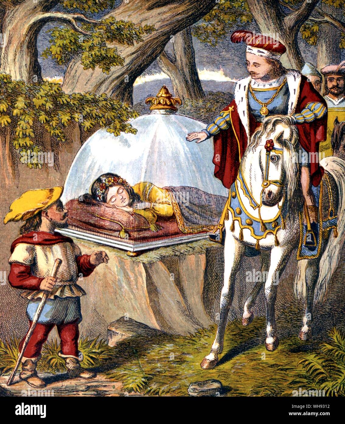 Snow White and the Seven Dwarfs. The Prince finds Snow White in her coffin of glass. Colour wood-engraving from Routledge's Shilling Toy Book, Little Snow-White, c.1870.. Stock Photo