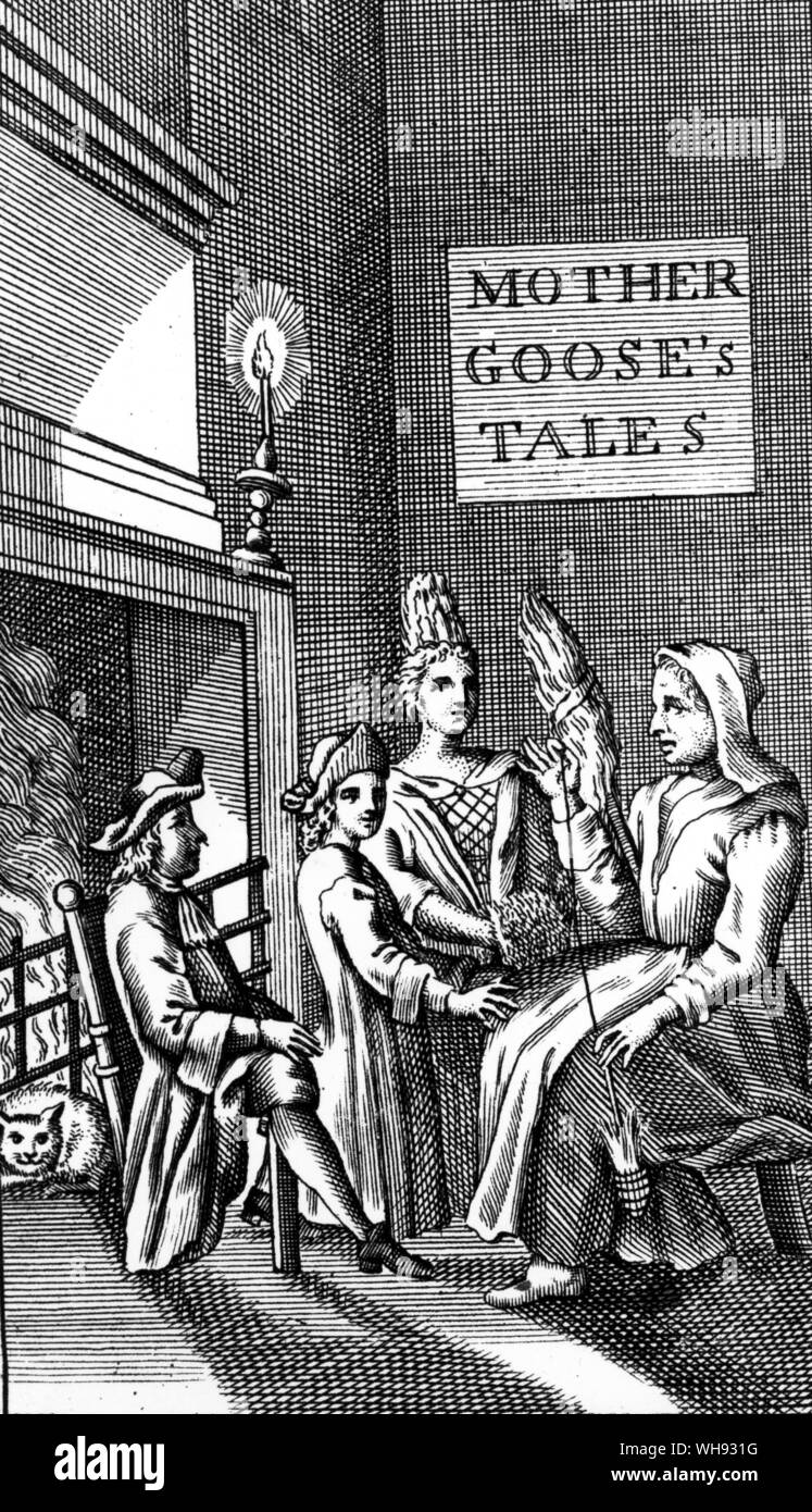 The arrival of Mother Goose in Britain. The placard on the wall, in this frontispiece to Robert Samber's translation of Perrault's tales, 1729, was the starting-point of the Mother Goose legend in English-speaking homes.. Stock Photo