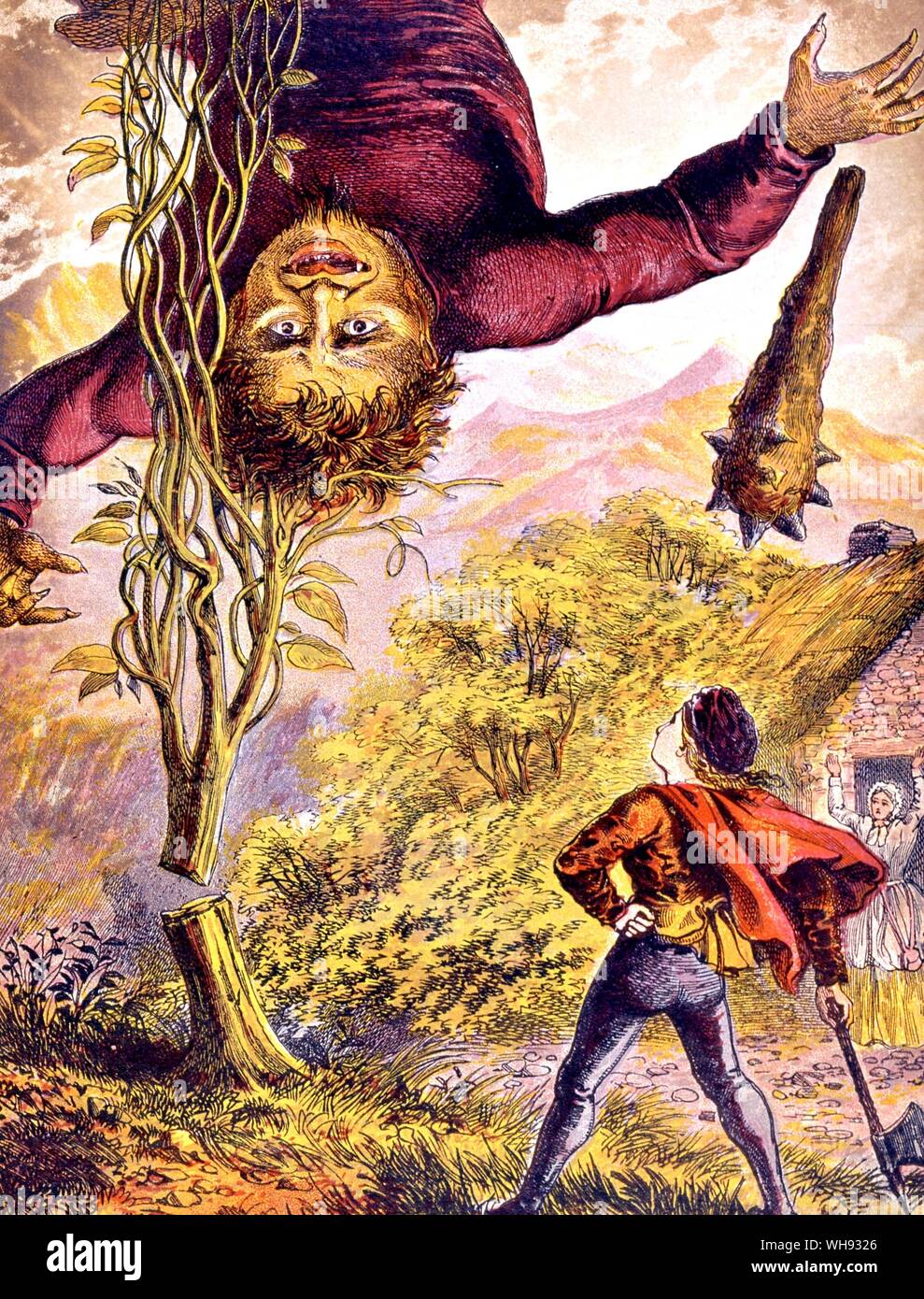 Jack and the Beanstalk. 'The Giant's Fall'. Colour engraving from Gall and Inglis's Nursery Toy Book, Jack and the Bean.. Stock Photo