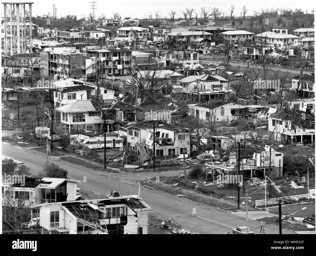 Wreckage in the suburbs of Darwin following Cyclone Tracy on Christmas Day 1974 Stock Photo