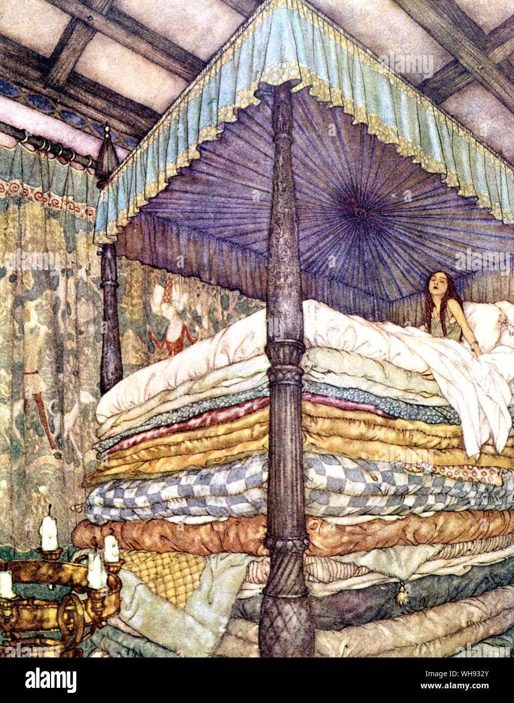 The Princess and the Pea. The princess after her uncomfortable night illustrated by Edmund Dulac, 1911.. Stock Photo