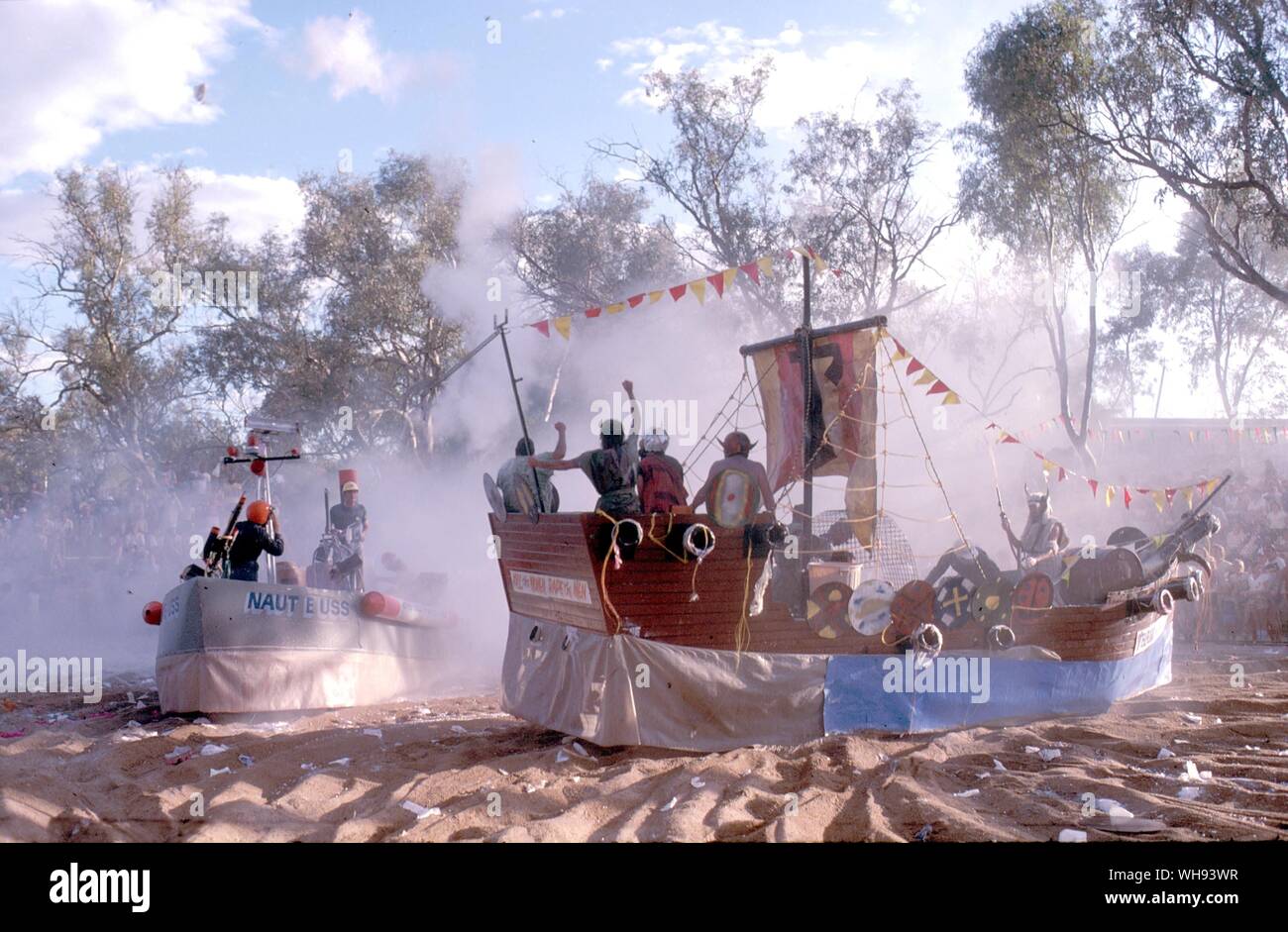 The Henley on Todd Regatta. A yearly event that takes pace in the dry river bed of the Todd. Stock Photo