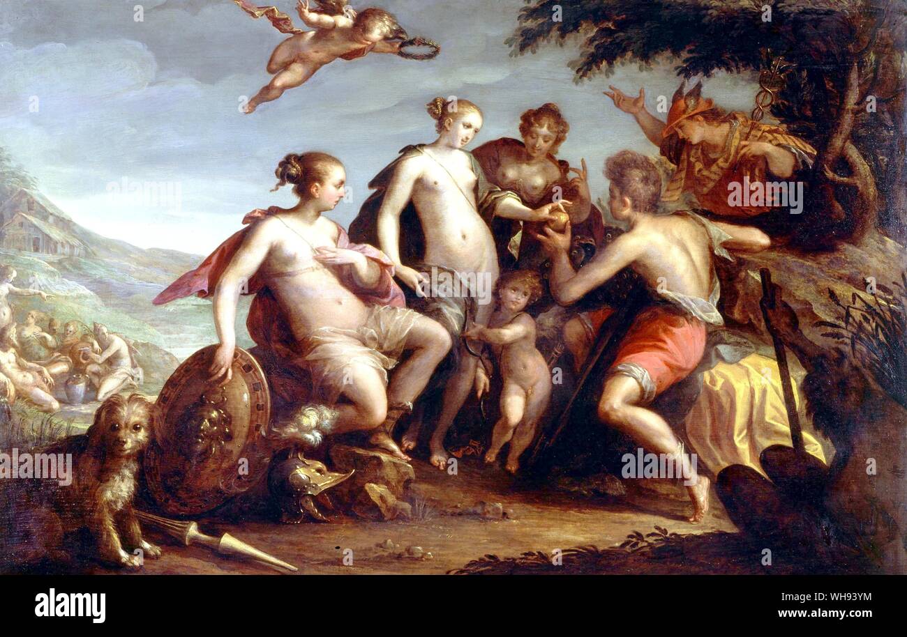 The Judgment of Paris by Johann Van Aachen 1552-1616. The Judgment of Love a handsome Trojan who was also a shepherd and three goddesses who appeared before him asking him to decided who was the most beautiful . Stock Photo
