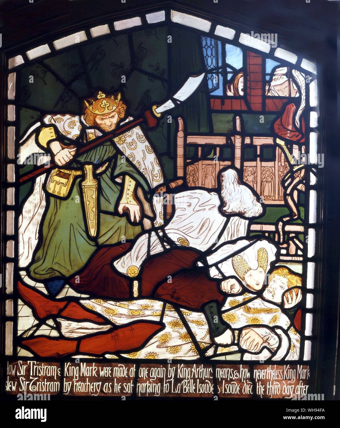 King Arthur. Death of Sir Tristram. Tristan & Isolde - 1862. Stained glass window from Harden Grange, nr. Bingley, Yorkshire.. William Morris (March 24, 1834 - October 3, 1896) was one of the principal founders of the British Arts and Crafts movement and is best known as a designer of wallpaper and patterned fabrics, a writer of poetry and fiction, and a pioneer of the socialist movement in Britain near London. . Location © Bradford Art Galleries and Museums, West Yorkshire, UK . Stock Photo