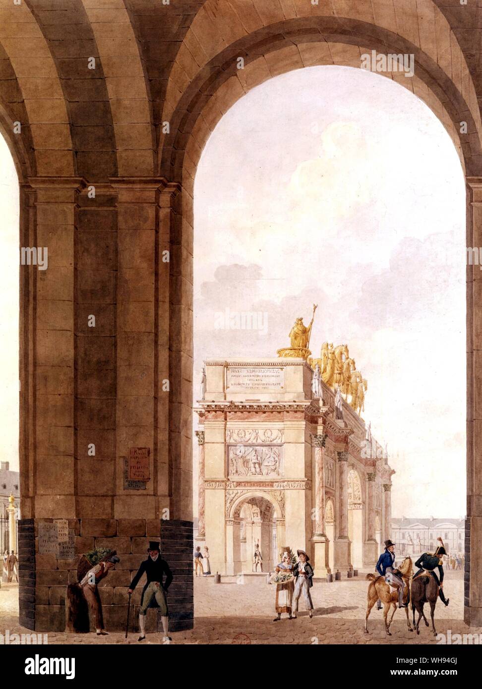 Vue de l'Arc de la Place du Caroussel - from under the passage de l'aile du midi. by Percier. Collection Destailleur. Bibliotheque Nationale, Paris. Charles Percier (Paris, August 22, 1764 - Paris, September 5, 1838) was a neoclassical French architect, interior decorator and designer, who worked in such close partnership with Pierre François Léonard Fontaine, originally his friend from student days, from 1794 onwards, that it is fruitless to disentangle artistic responsibilities in their work. Together, Percier and Fontaine were inventors and major proponents of the rich and grand, Stock Photo