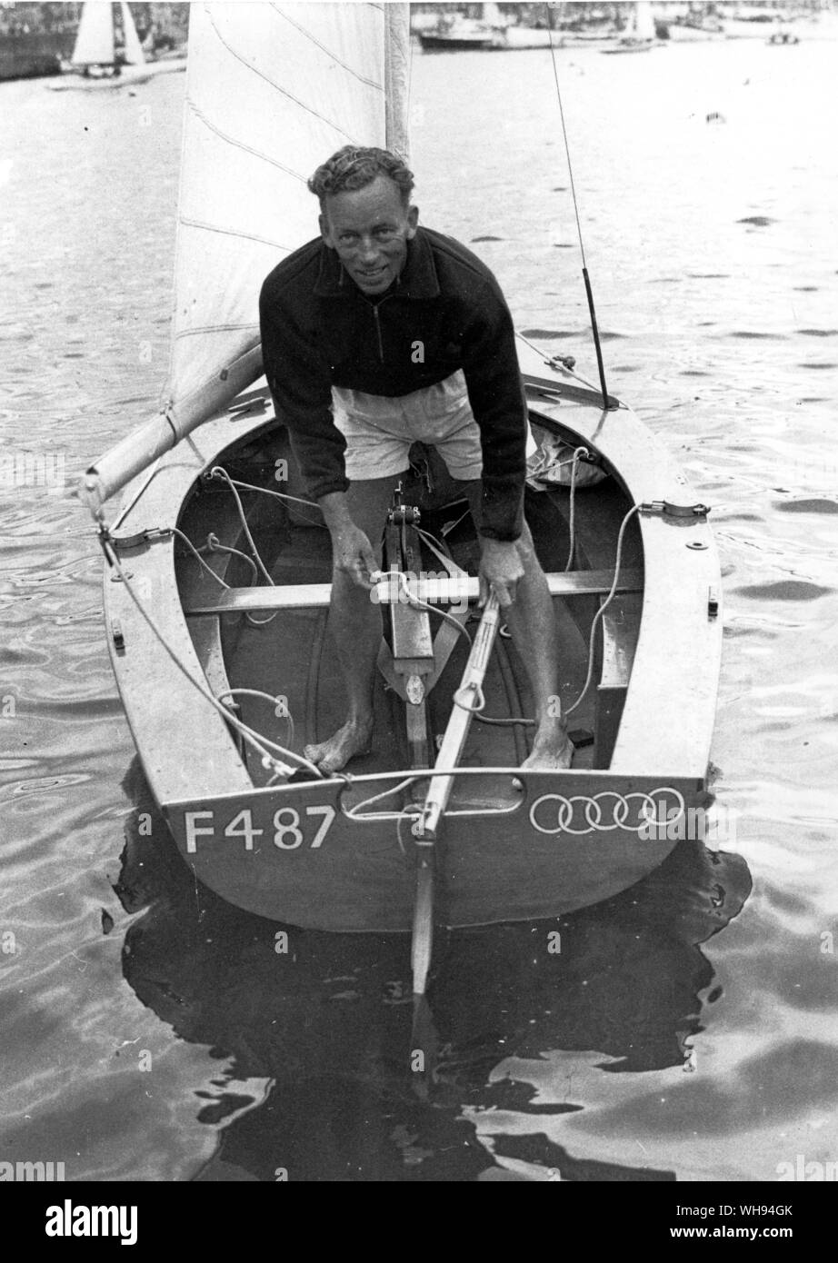 H H McWilliams of Port Elizabeth South, South Africa's only representative in the Olympic Yachting events at Torquay Entry in the Firefly class 3 August 1948 Stock Photo