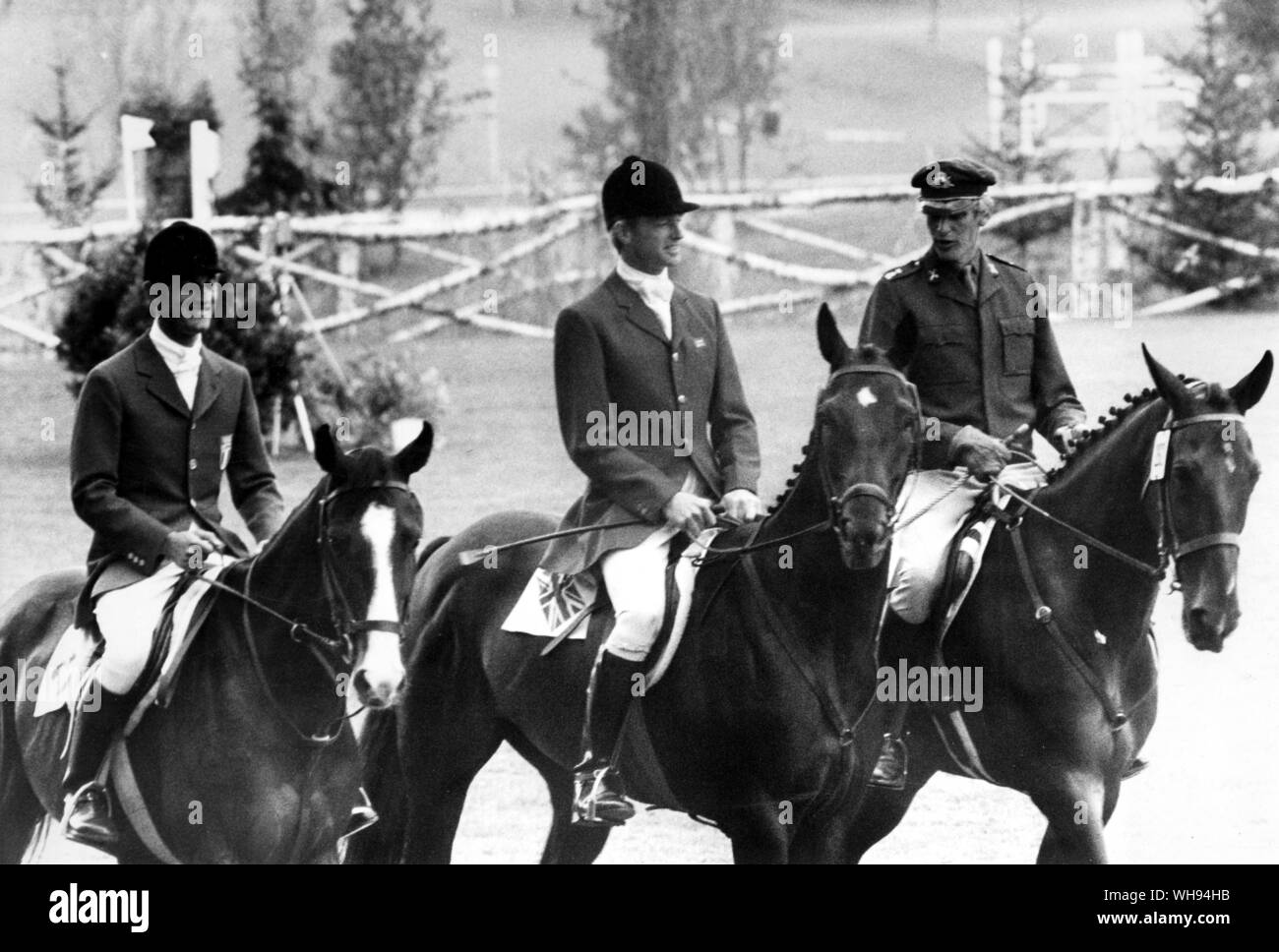 September 1972: Munich Olympics: Winners of the three-day Equestrian event. l-r: Italy's A. Argenton on 'Woodland' (2nd), Britain's Richard Meade on 'Laurieston' (1st), and Sweden's J. Jonsson on 'Sarajevo' (3rd).. UPI photo. LN 610796 Stock Photo