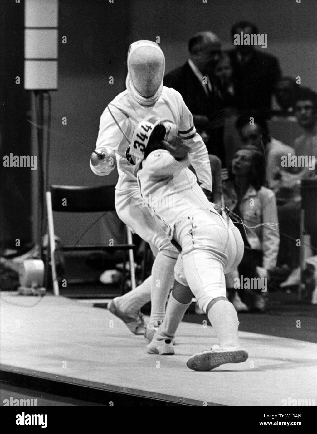 September 1972: Munich Olympics: Swiss fencer, David Giger (foreground) versus Pal Schmitt of Hungary.. Stock Photo