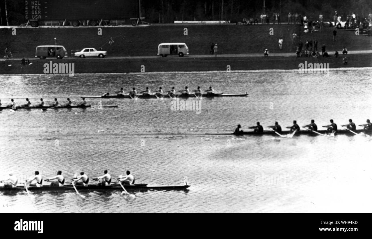 September 1972: Munich Olympics: Rowing Eights Final. From top-bottom in the water: USA, West Germany, New Zealand and East Germany. New Zealand won the gold medal, with USA in second place and East Germany in third.. Stock Photo