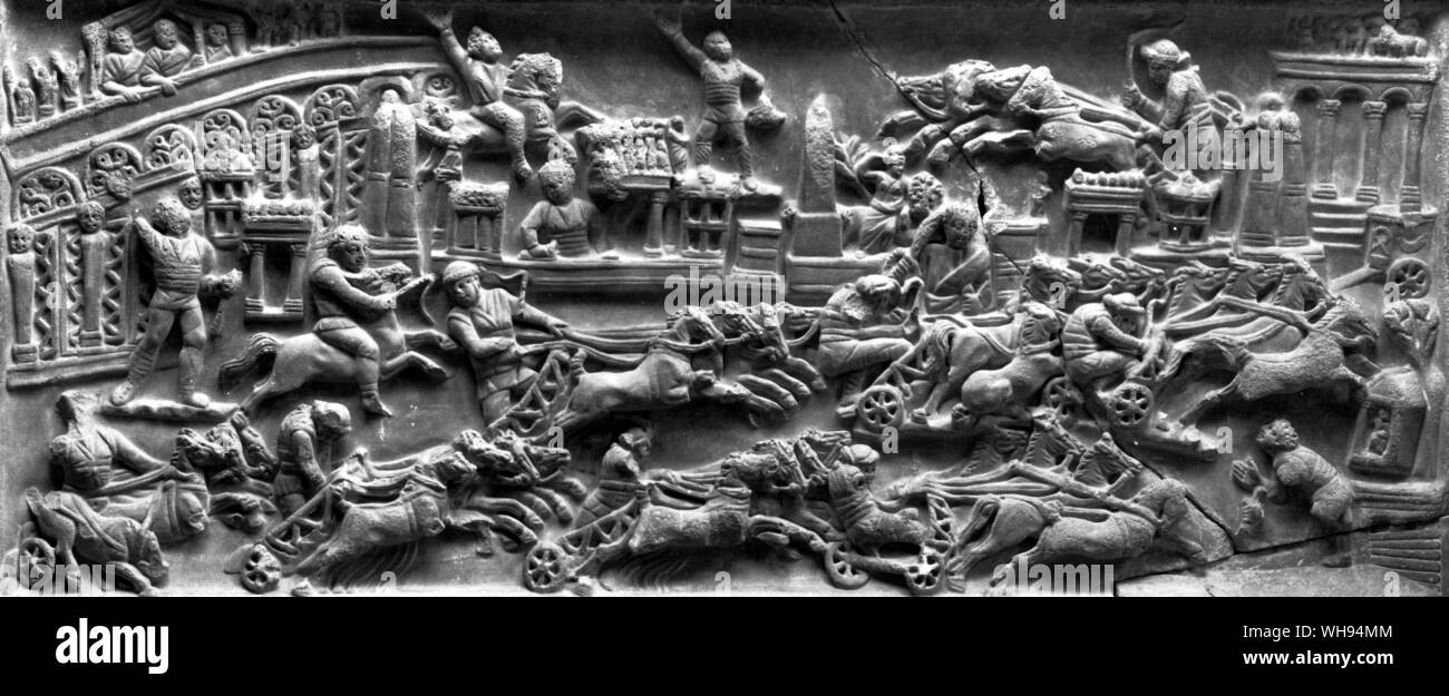 3 rd century marble sarcophagus relief showing race in the Circus Maximus Stock Photo