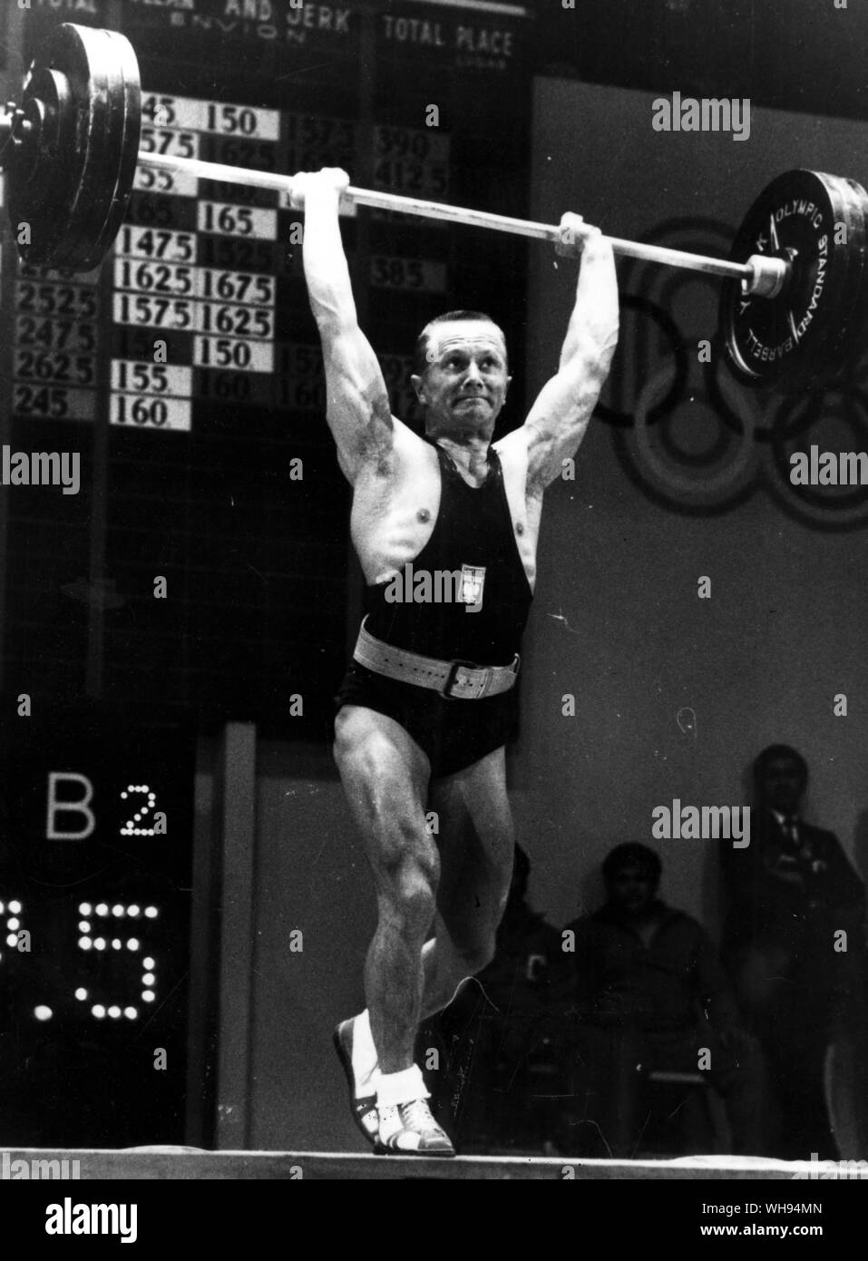 Mexico City Olympics 1968: Waldemar Baszanowski of Poland lifts 167.5kg in the clean and jerk event of the lightweight weight-lifting competition. His total lift of 437.5 kg gave him the gold medal.. Stock Photo