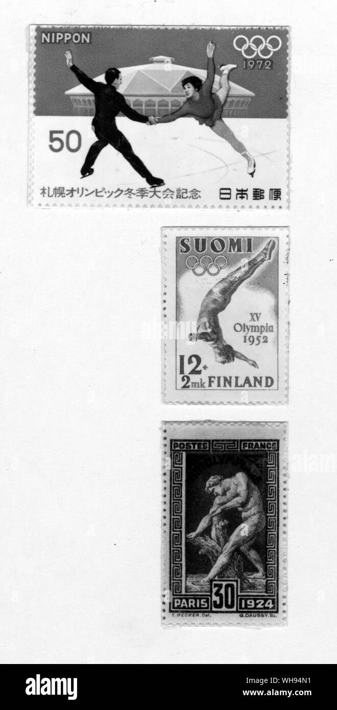 Olympic postage stamps. Top-bottom: Japan 1972, Finland 1952, Paris 1924. Stock Photo