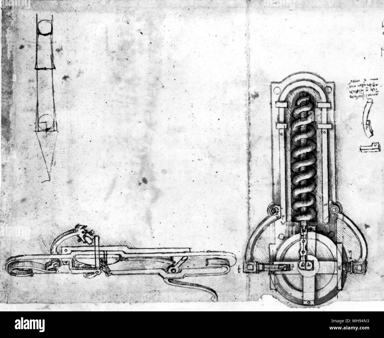 A steel wheel turned with a key winds a spiral spring in Leonardo's wheel-lock mechanism. On the right is a flint-lock Stock Photo