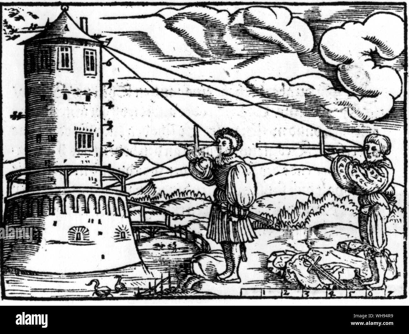 Two surveyors measure the height of a building with cross-staffs. The instruments shown in this woodcut were also used to measure latitude by fixing on the sun at noon and the pole-star at night. Stock Photo