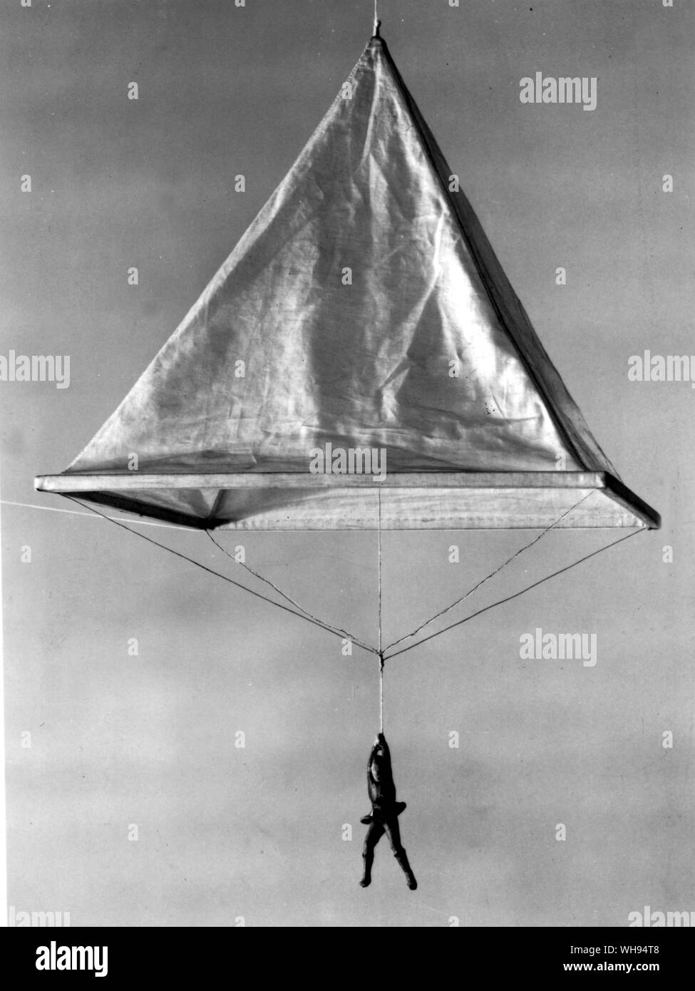 A model of a pyramidal parachute built according to Leonardo's design of c.1485. It is unlikely that it was ever built, but Leonardo intended it to have a pole running down from the apex to help to give it rigidity. Stock Photo