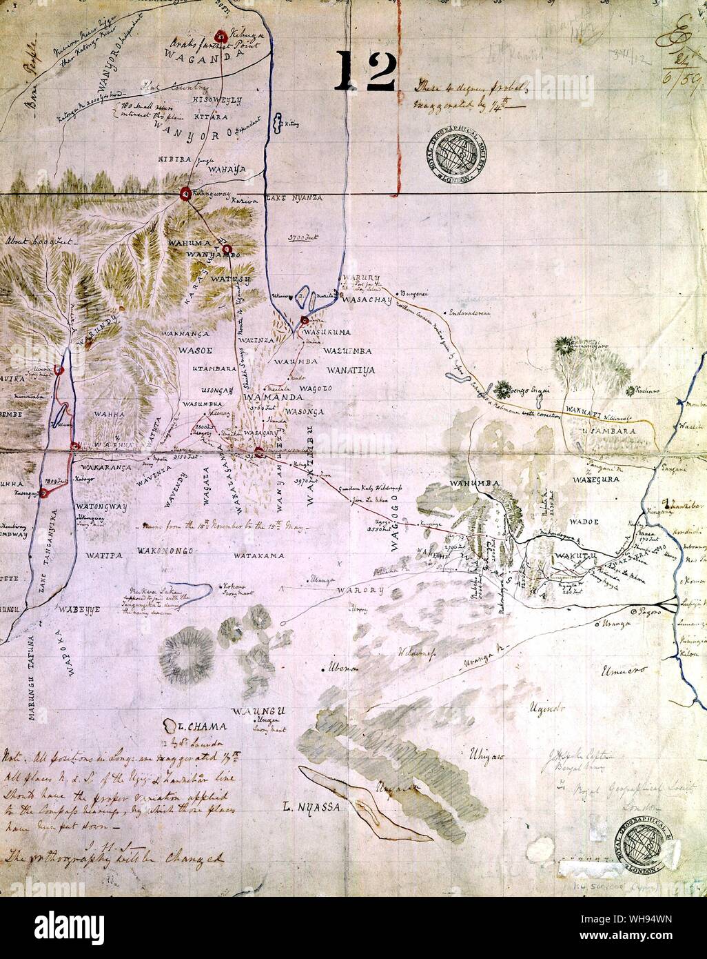 The map drawn by Speke for the Royal Geographical Society 1858 Stock Photo