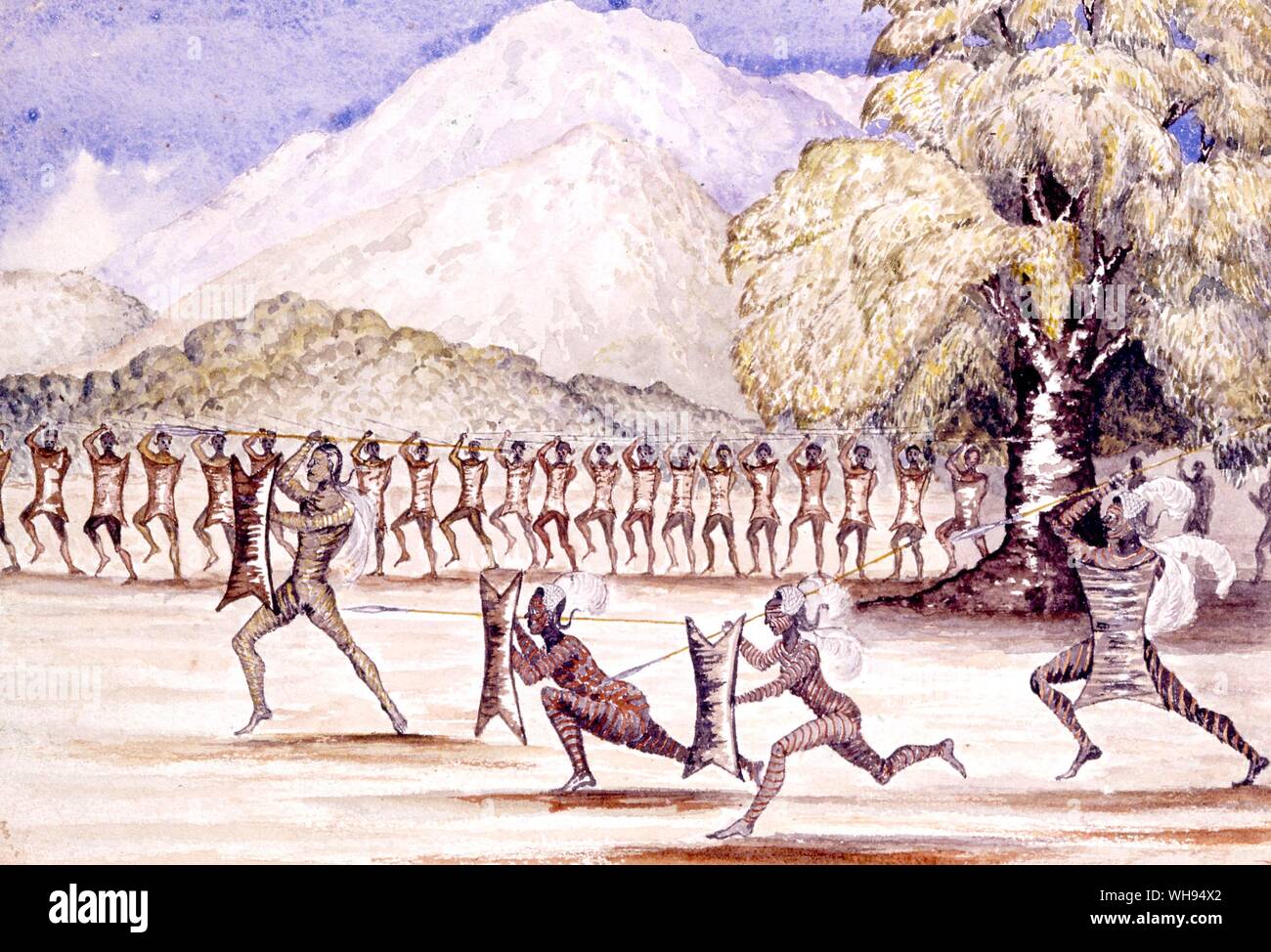 18 July 1872 the natives held a great consultation and ended in a war dance they were painted in various patterns with red ochre and whie pipe clay Stock Photo