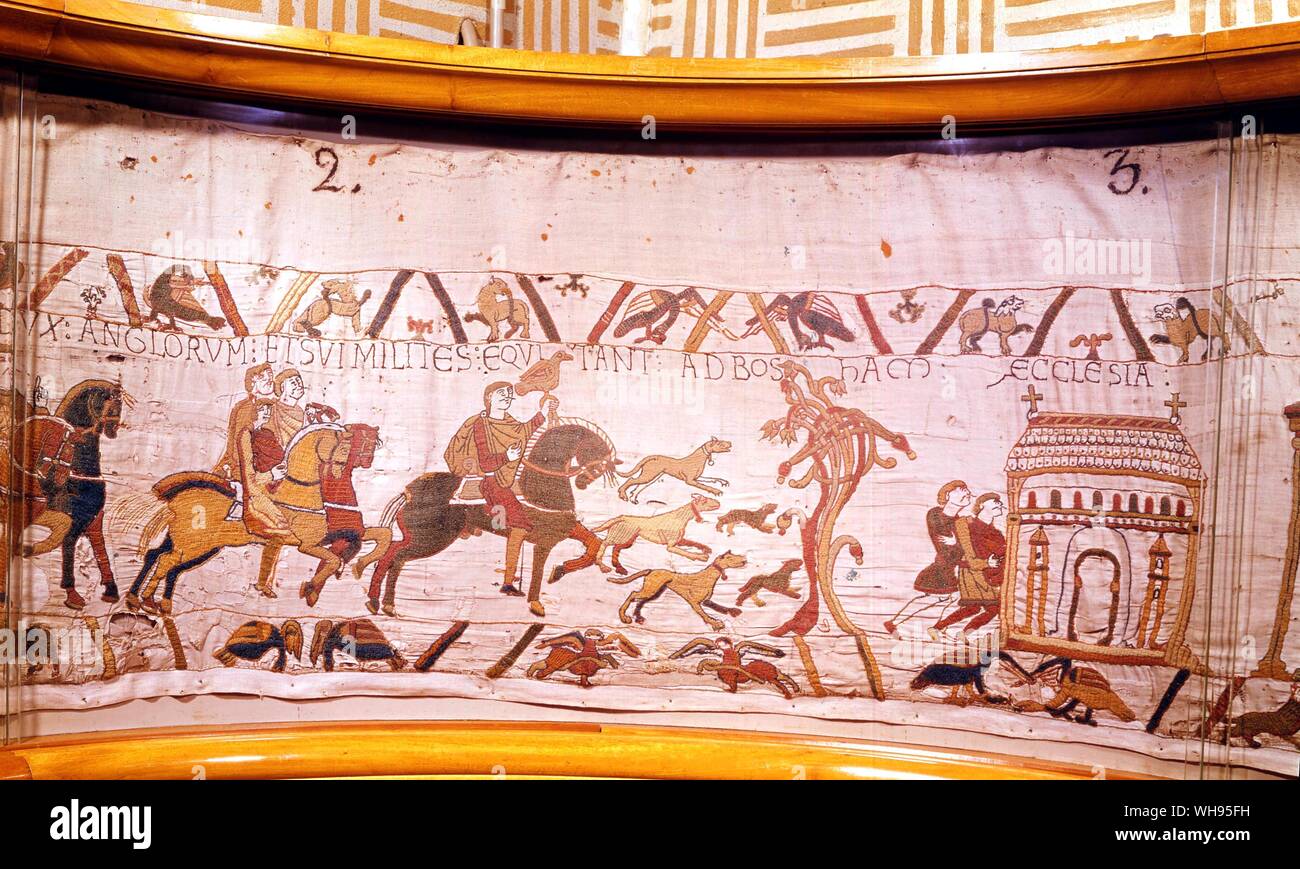Bayeux Tapestry: King Harold leading a hunting party.. Stock Photo