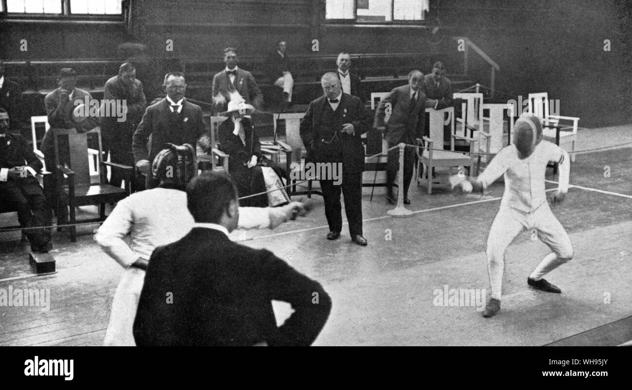 Jeno Fuchs (Hungary) and Nedo Nadi (Italy) winner of six fencing gold medals in the sabre event  Olympic Games  Stockholm 1912 Stock Photo