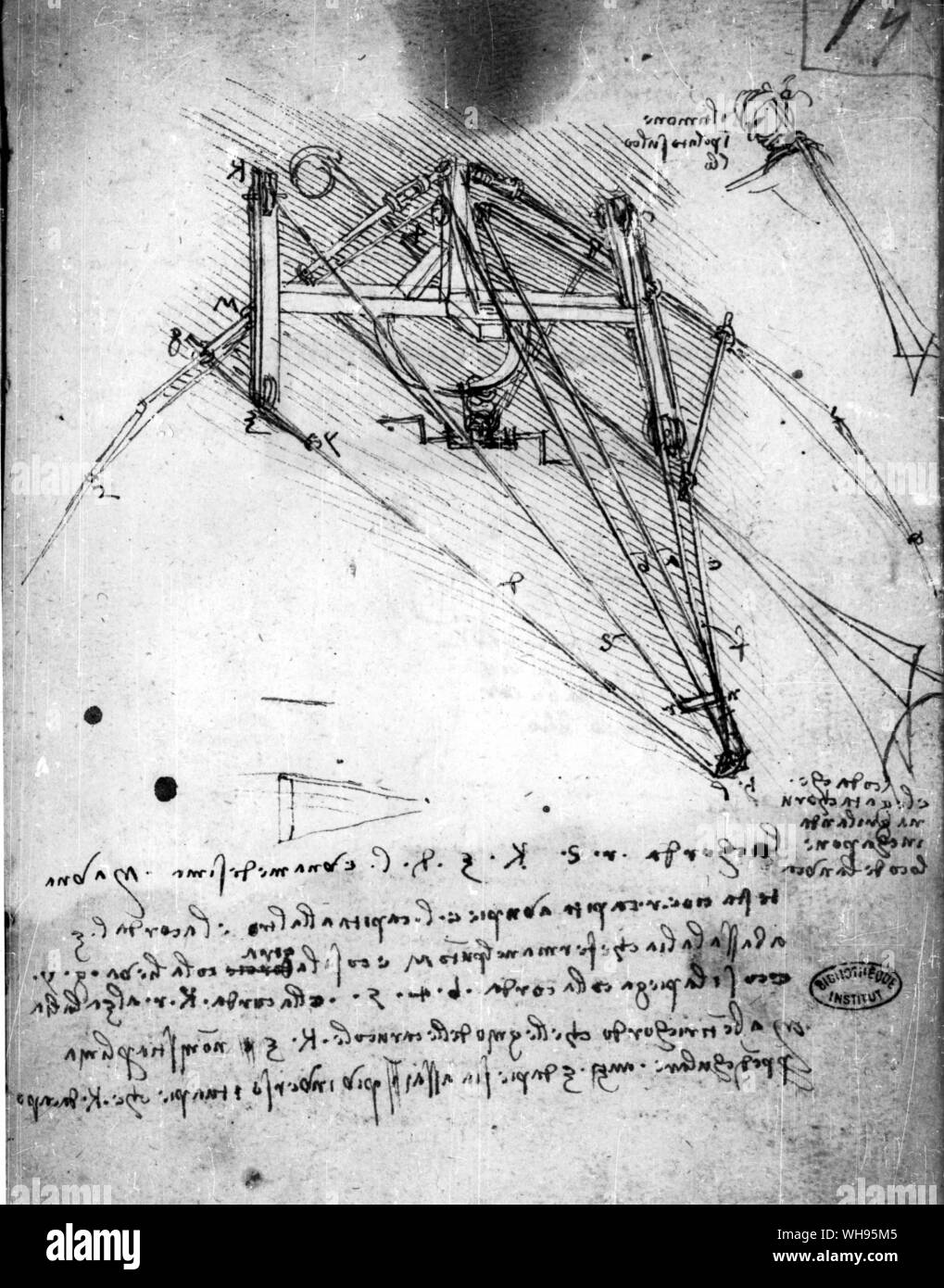 A rudder like a bird's tail is an interesting addition to another ornithopter deign of 1486-90. This sketch shows how the head harness fits. This apparatus also has hand-operated cranks to help on the down-beat. In the notes accompanying the vivid drawing, Leonardo tells how an ornithopter can be made with one pair of wings, or with two. Stock Photo
