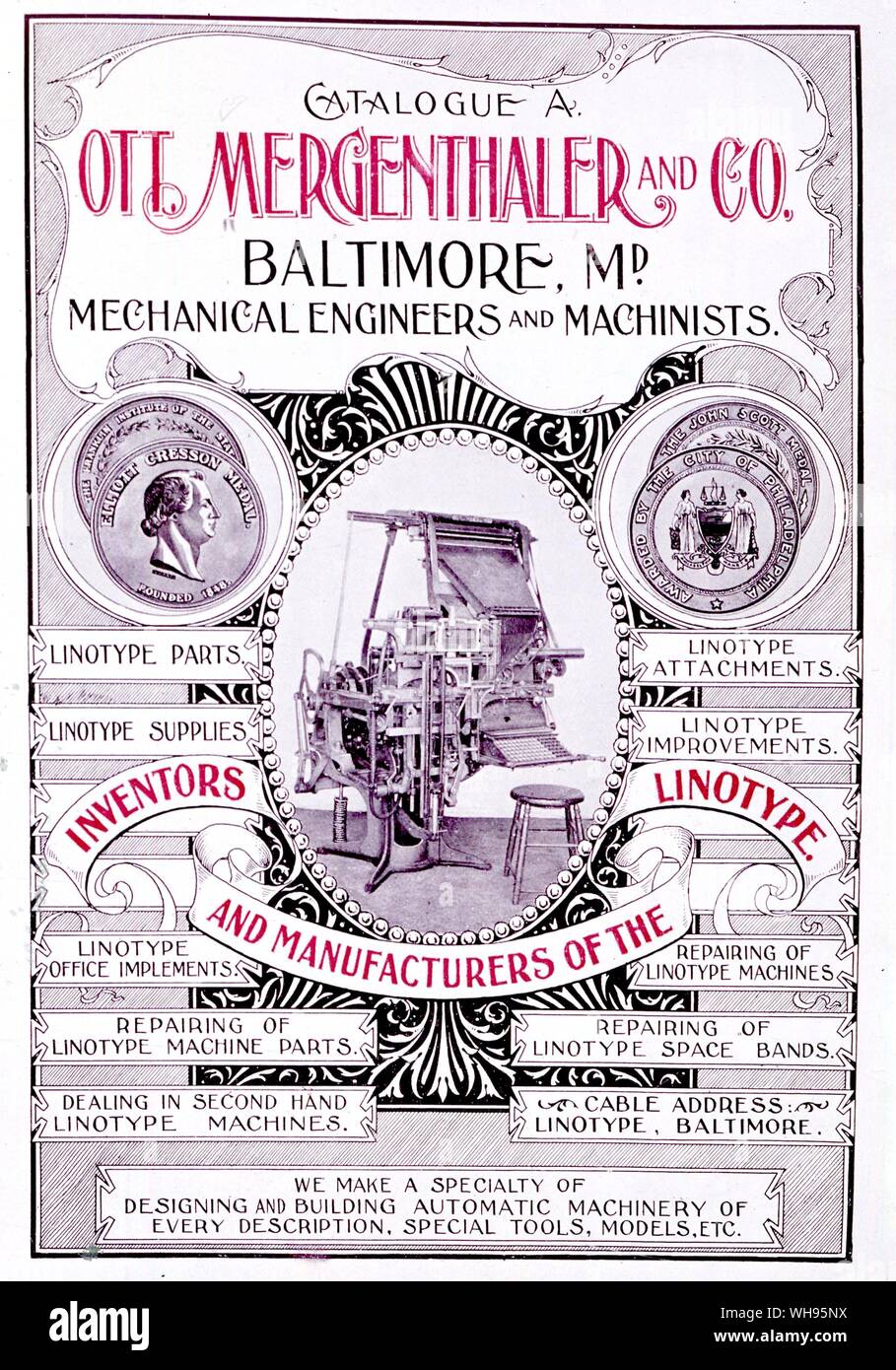 Art subjects: Ephemera. (Mark twain) 3323. 19th C. Poster for the Mergenthaler. Linotype machine. Library of congress. Stock Photo