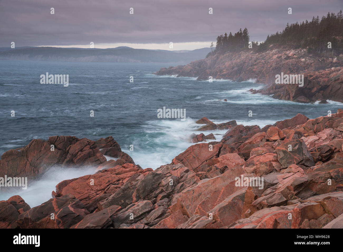Waves crashing on rocks, Green Cove Look Off, Lackies Head, Cape Breton National Park, Nova Scotia, Canada, North America Stock Photo