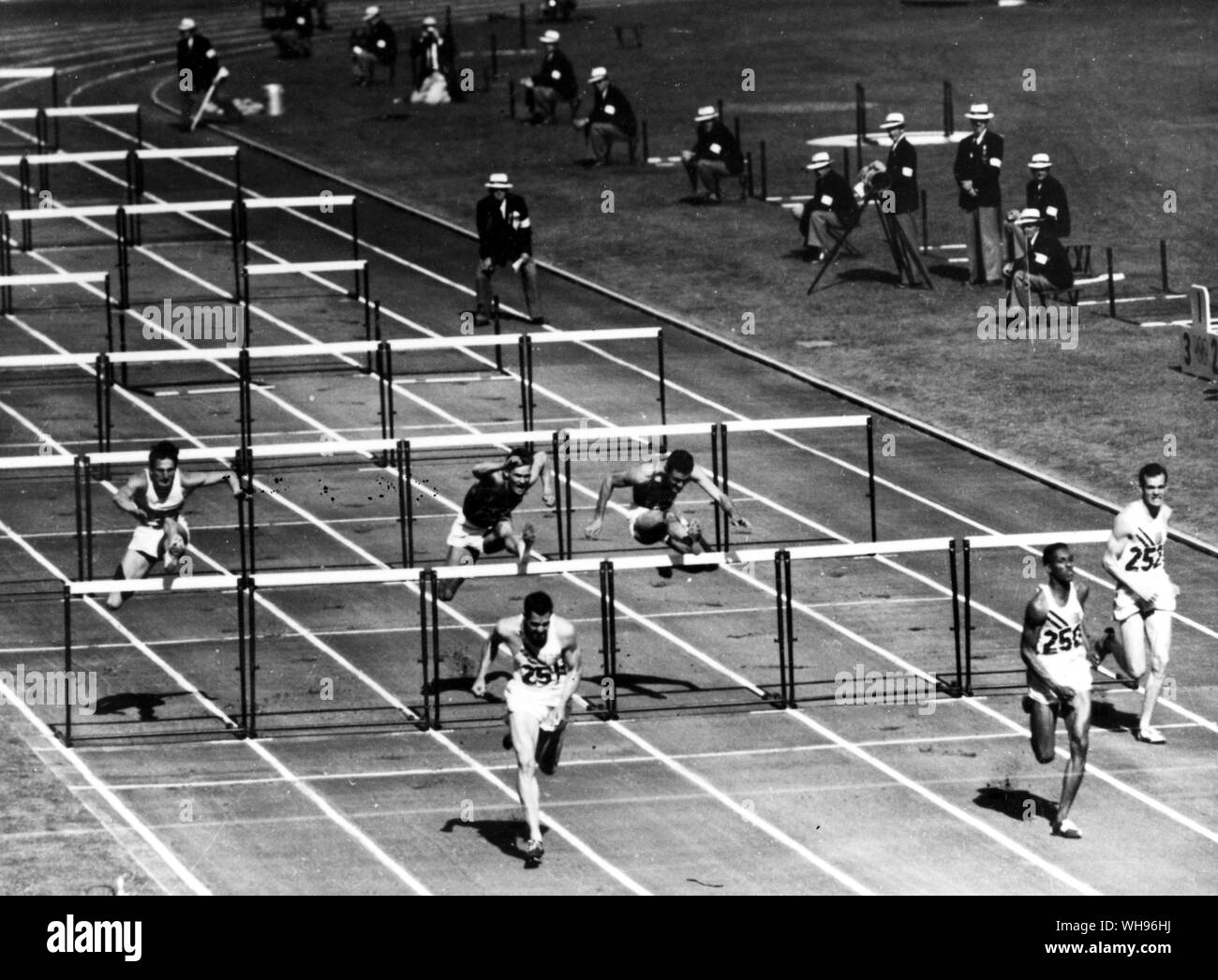 Aus., Melbourne, Olympics, 1956: 1-2-3 for USA! The field takes the last hurdle of the olympic 110-metre hurdles, won by Lee Calhoun of USA () in the new record time of 13.5 seconds. Second was Jack Davis () and third was Joel Shankle ().. Stock Photo
