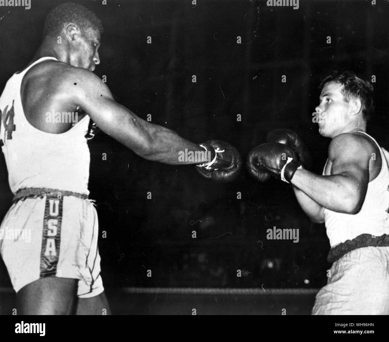 Finland,Helsinki/ Olympics,1952: The final match of the heavy-weight division. Sanders (USA) versus Johnsson (Sweden), who was disqualified and lost his silver medal.. Stock Photo