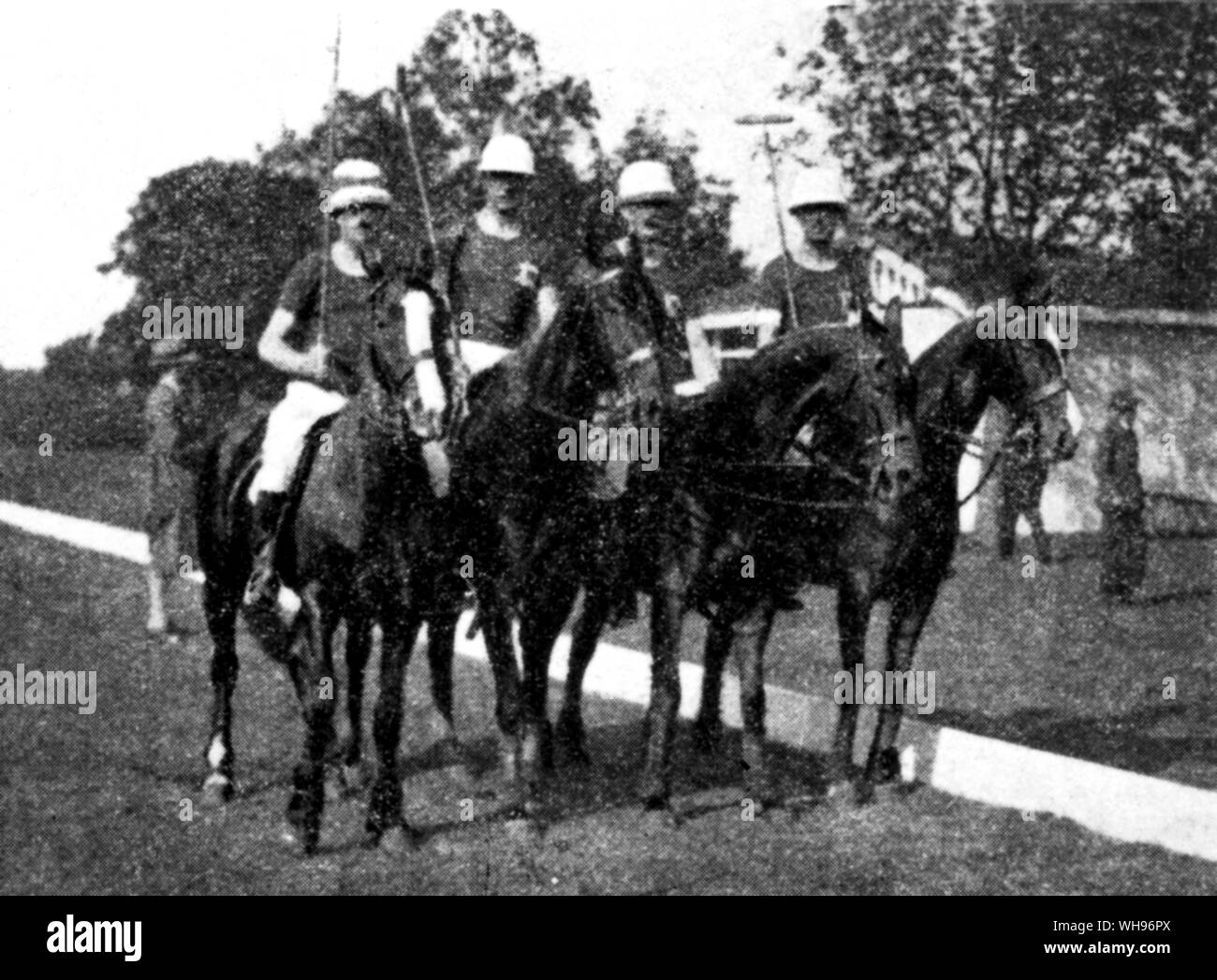 France, Paris Olympics, 1924: Great Britain's Polo team came third in the competition. l-r: F Barrett, H Wise, F Guest Captain, D Bingham.. Stock Photo